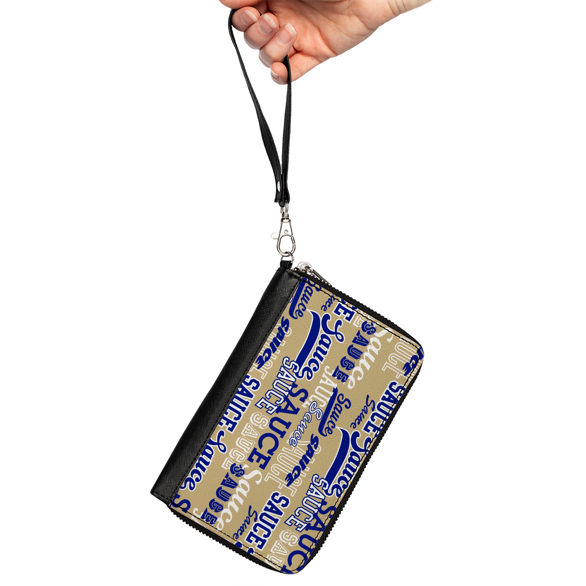 PU Zip Around Wallet Rectangle - SAUCE Typography Collage Tan/White/Blue Clutch Zip Around Wallets Buckle-Down   