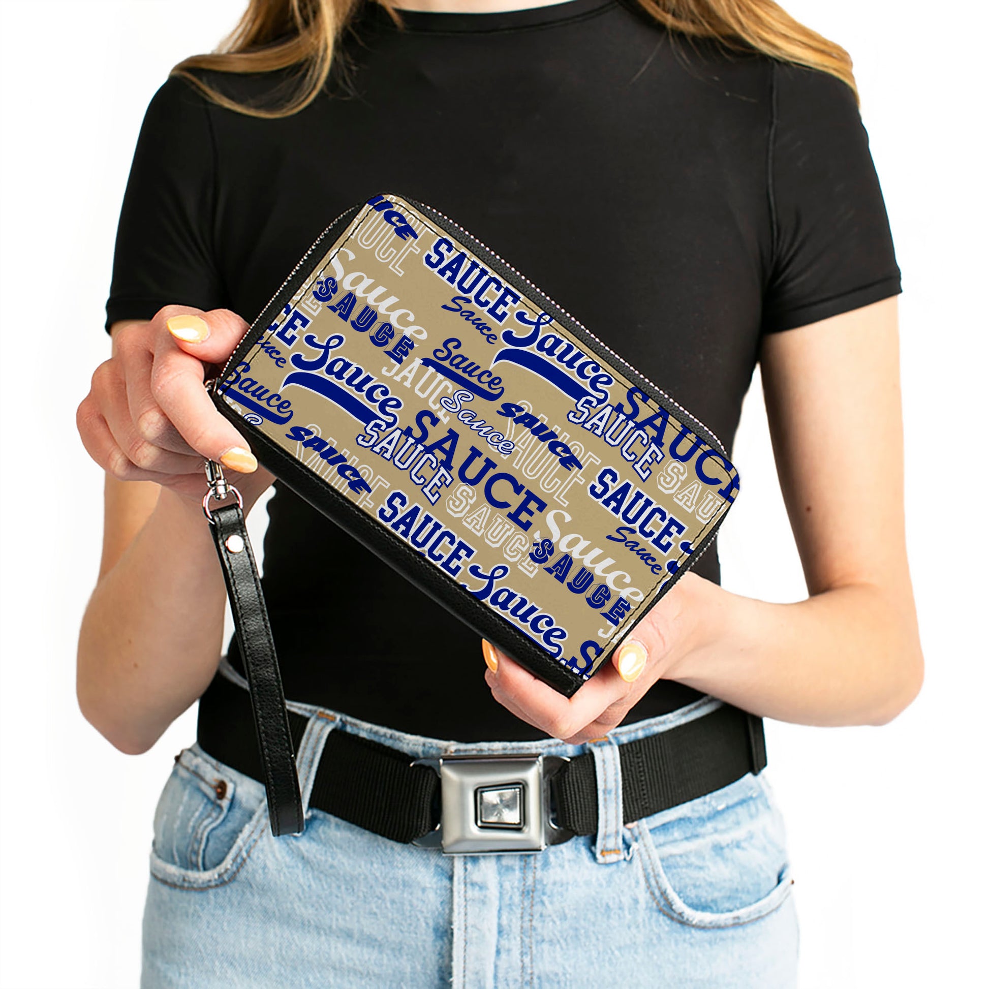 PU Zip Around Wallet Rectangle - SAUCE Typography Collage Tan/White/Blue Clutch Zip Around Wallets Buckle-Down   