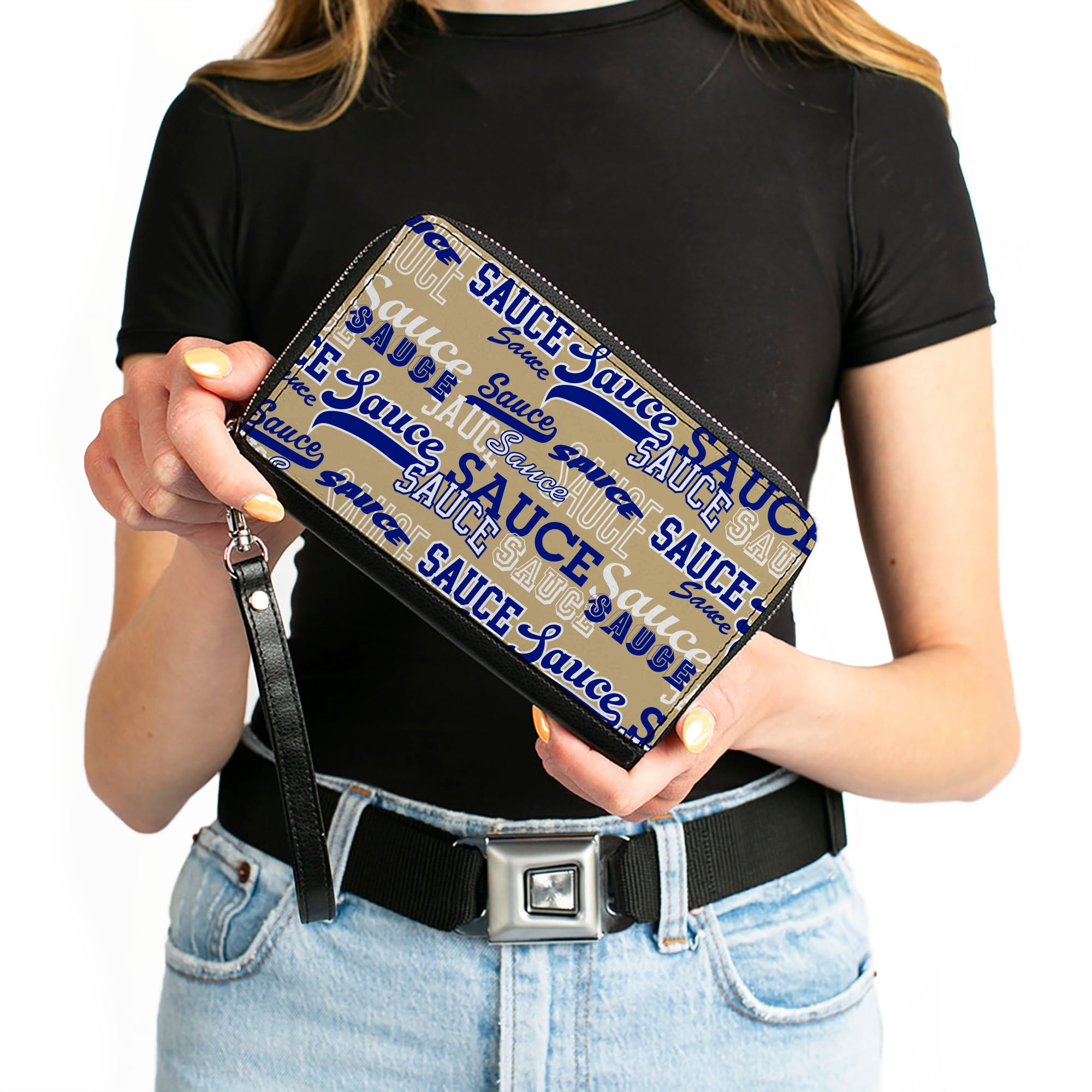 PU Zip Around Wallet Rectangle - SAUCE Typography Collage Tan/White/Blue Clutch Zip Around Wallets Buckle-Down   