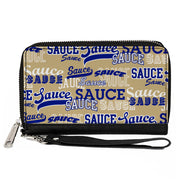 PU Zip Around Wallet Rectangle - SAUCE Typography Collage Tan/White/Blue Clutch Zip Around Wallets Buckle-Down   
