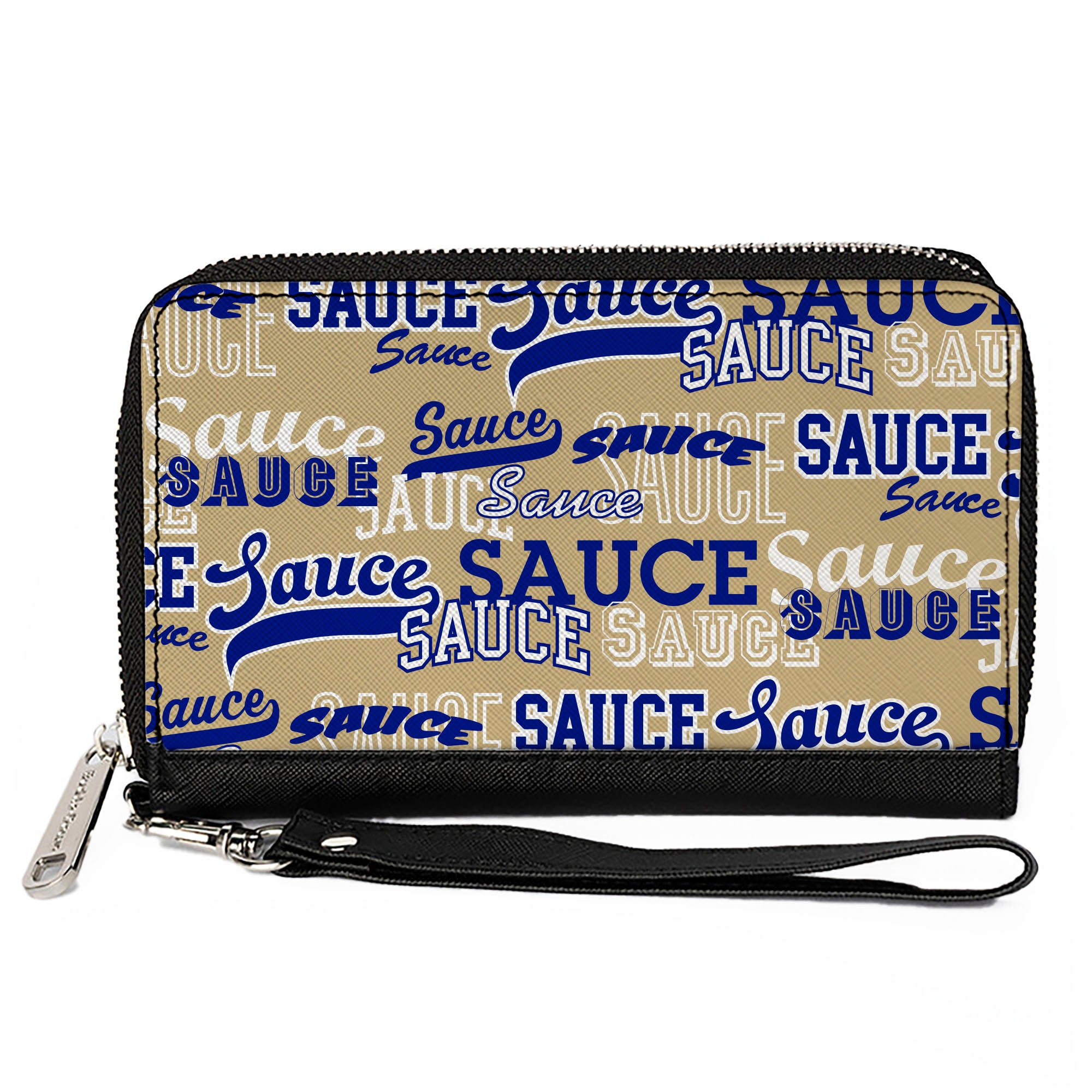 PU Zip Around Wallet Rectangle - SAUCE Typography Collage Tan/White/Blue Clutch Zip Around Wallets Buckle-Down   