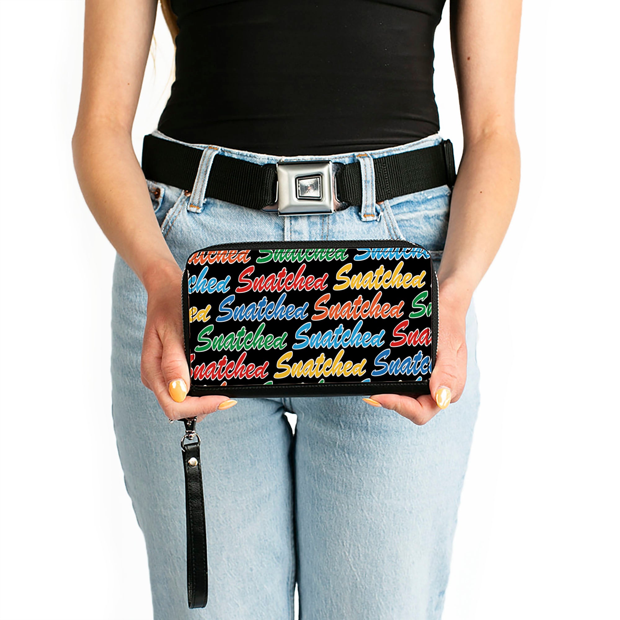 PU Zip Around Wallet Rectangle - SNATCHED Script Black/Multi Color Clutch Zip Around Wallets Buckle-Down   