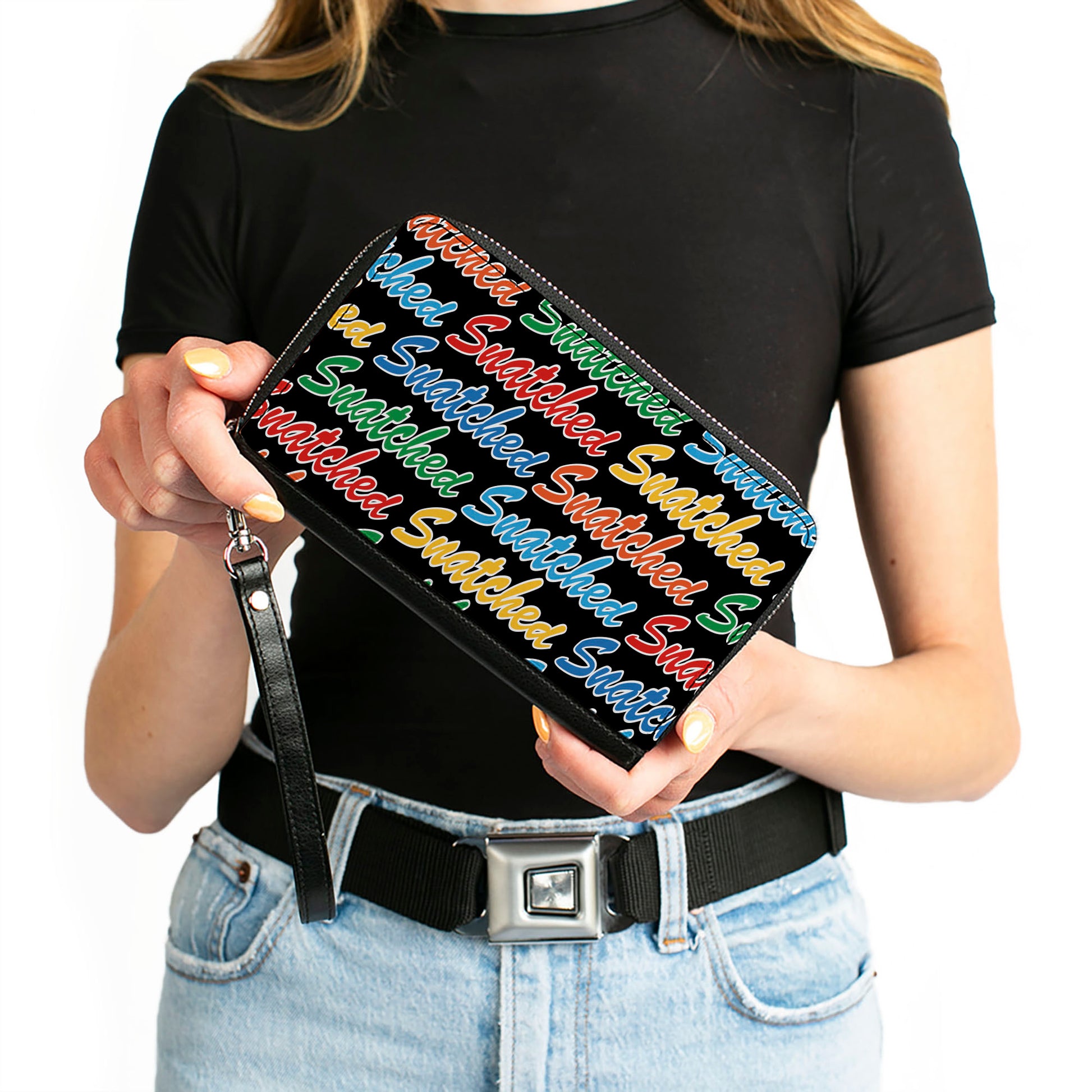PU Zip Around Wallet Rectangle - SNATCHED Script Black/Multi Color Clutch Zip Around Wallets Buckle-Down   