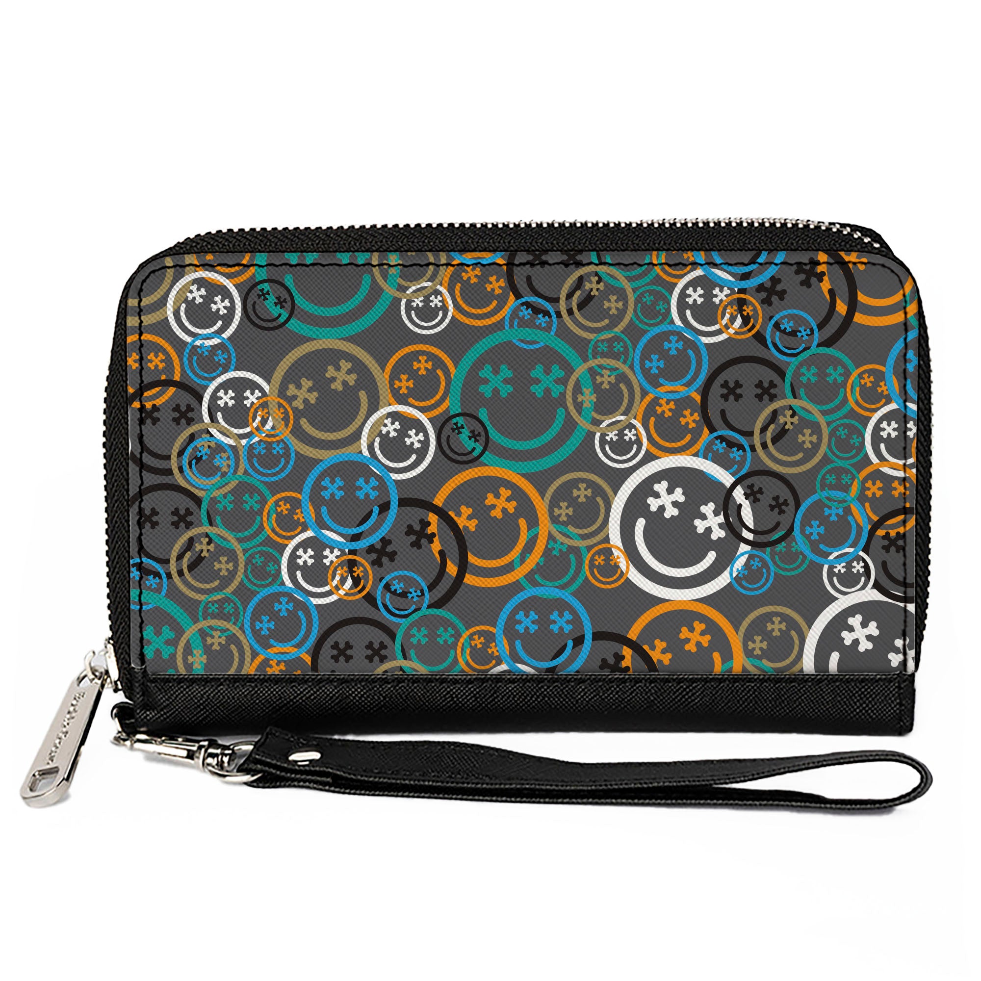 PU Zip Around Wallet Rectangle - Smiley Face Crossbones Stacked Gray/Multi Color Clutch Zip Around Wallets Buckle-Down   