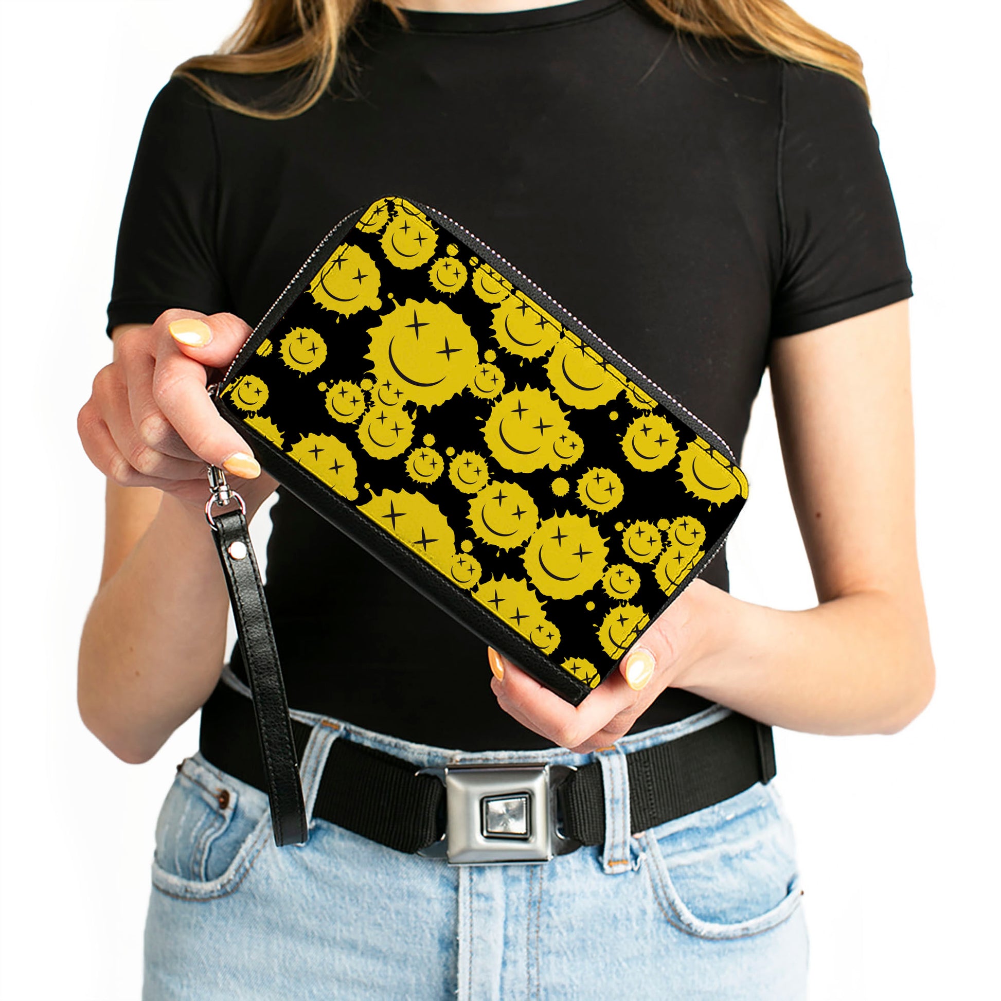 PU Zip Around Wallet Rectangle - Smiley Face Splatter Scattered Black/Yellow Clutch Zip Around Wallets Buckle-Down   