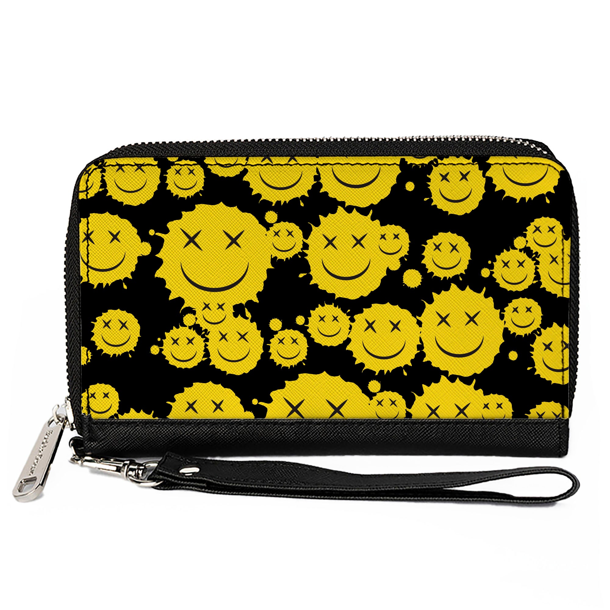 PU Zip Around Wallet Rectangle - Smiley Face Splatter Scattered Black/Yellow Clutch Zip Around Wallets Buckle-Down   