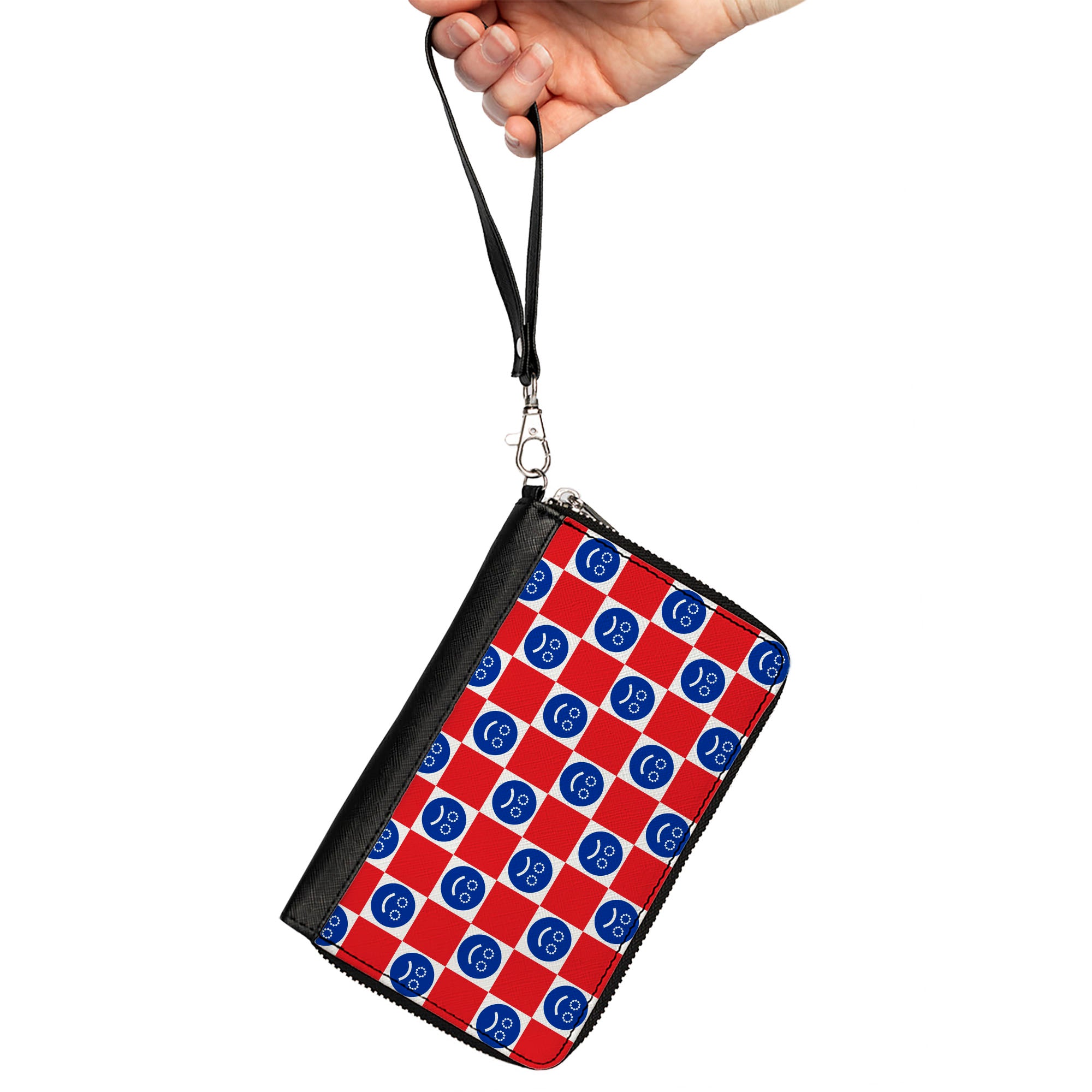 PU Zip Around Wallet Rectangle - Smiley Sad Face Checker Red/White/Blue Clutch Zip Around Wallets Buckle-Down   