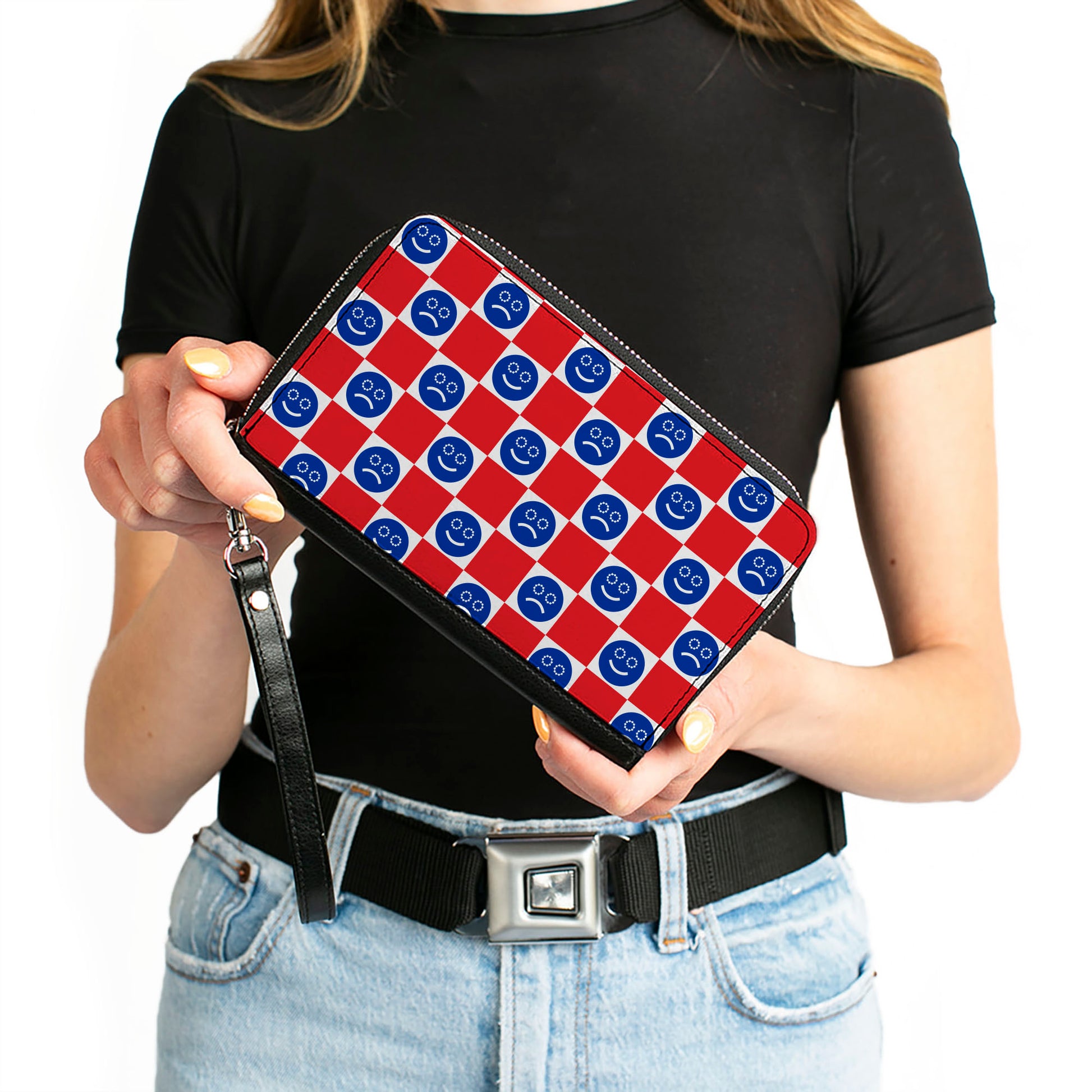 PU Zip Around Wallet Rectangle - Smiley Sad Face Checker Red/White/Blue Clutch Zip Around Wallets Buckle-Down   