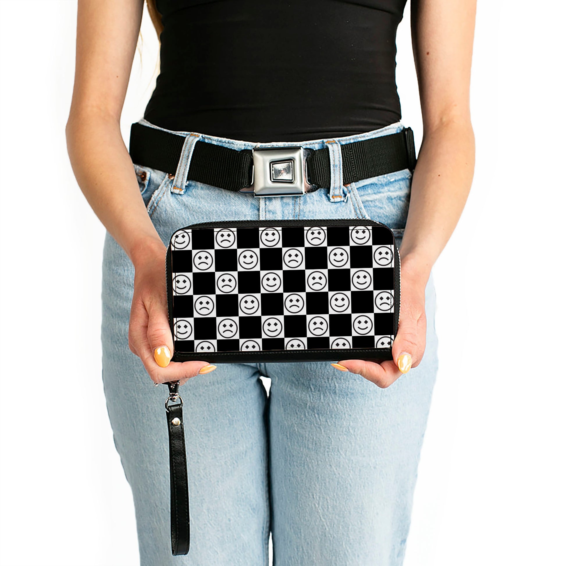 PU Zip Around Wallet Rectangle - Smiley Sad Face Checker Black/White Clutch Zip Around Wallets Buckle-Down   