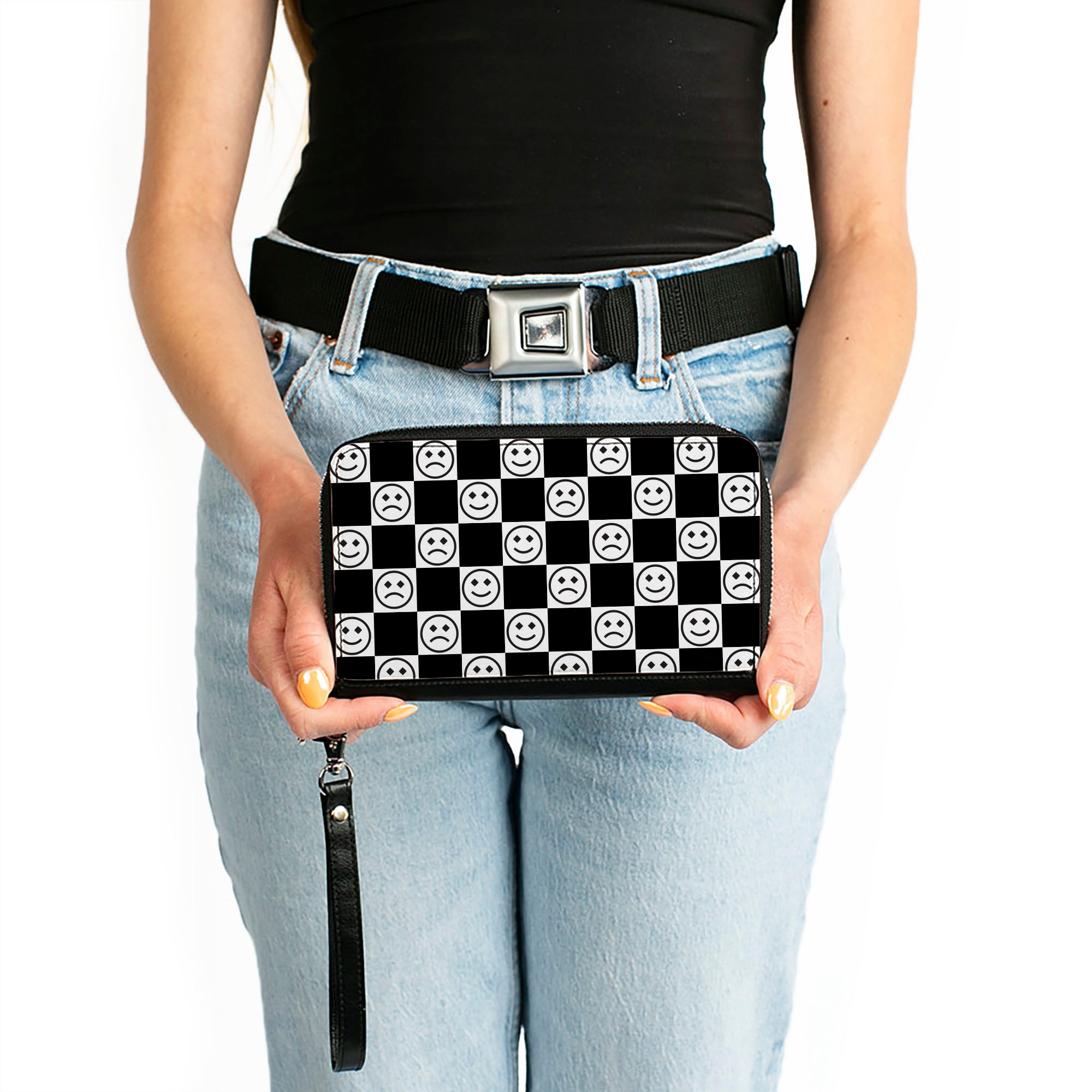 PU Zip Around Wallet Rectangle - Smiley Sad Face Checker Black/White Clutch Zip Around Wallets Buckle-Down   