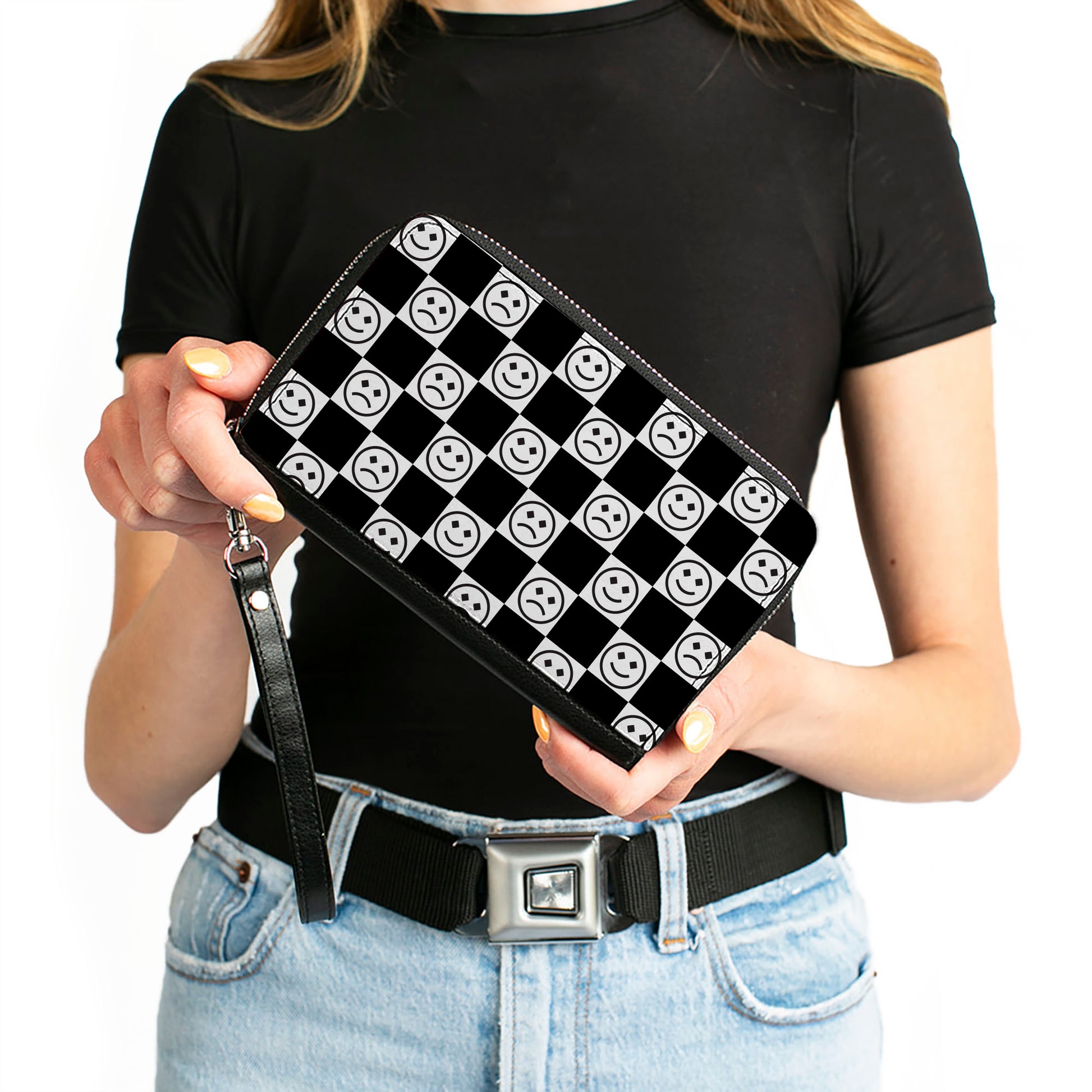 PU Zip Around Wallet Rectangle - Smiley Sad Face Checker Black/White Clutch Zip Around Wallets Buckle-Down   