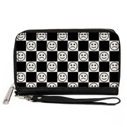 PU Zip Around Wallet Rectangle - Smiley Sad Face Checker Black/White Clutch Zip Around Wallets Buckle-Down   