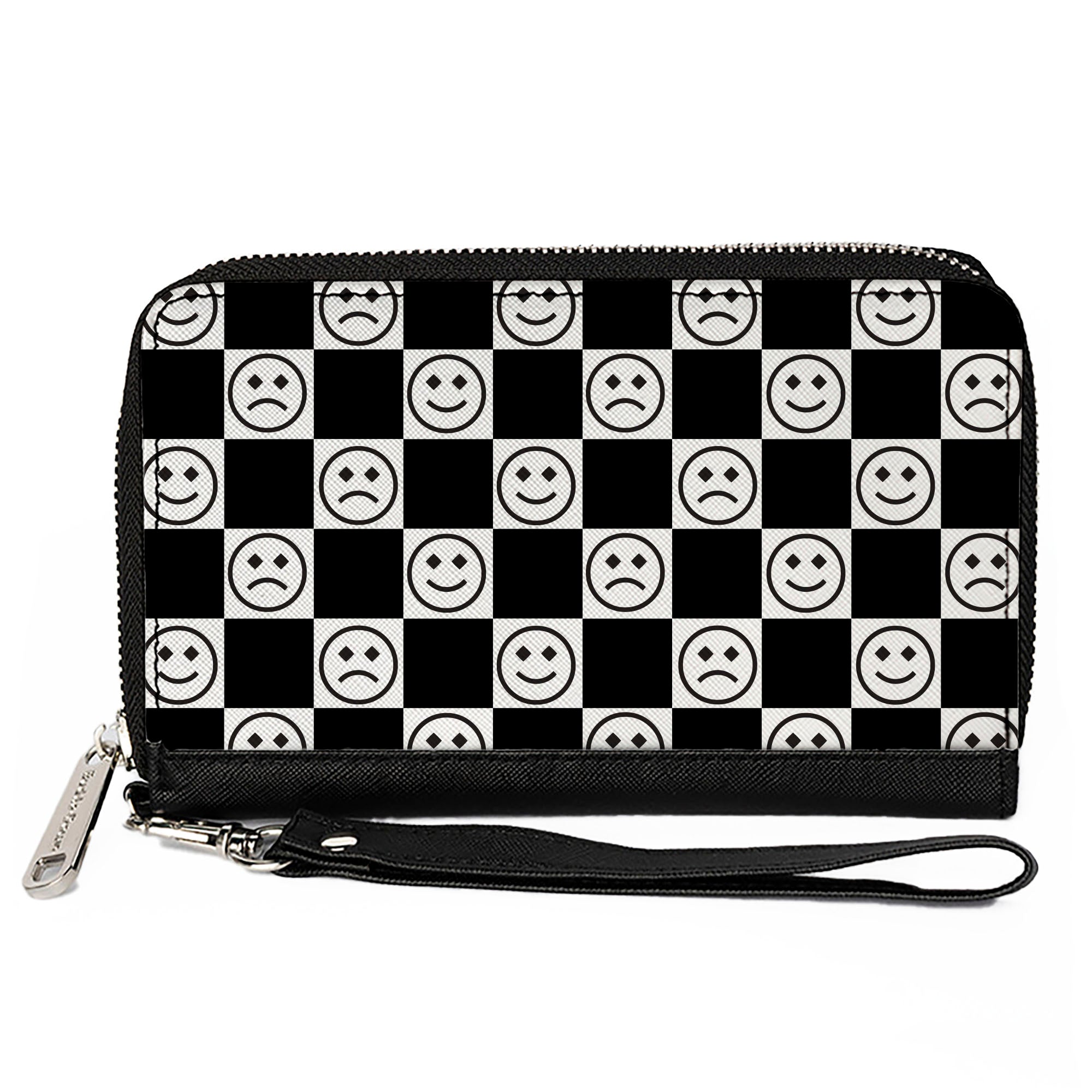 PU Zip Around Wallet Rectangle - Smiley Sad Face Checker Black/White Clutch Zip Around Wallets Buckle-Down   