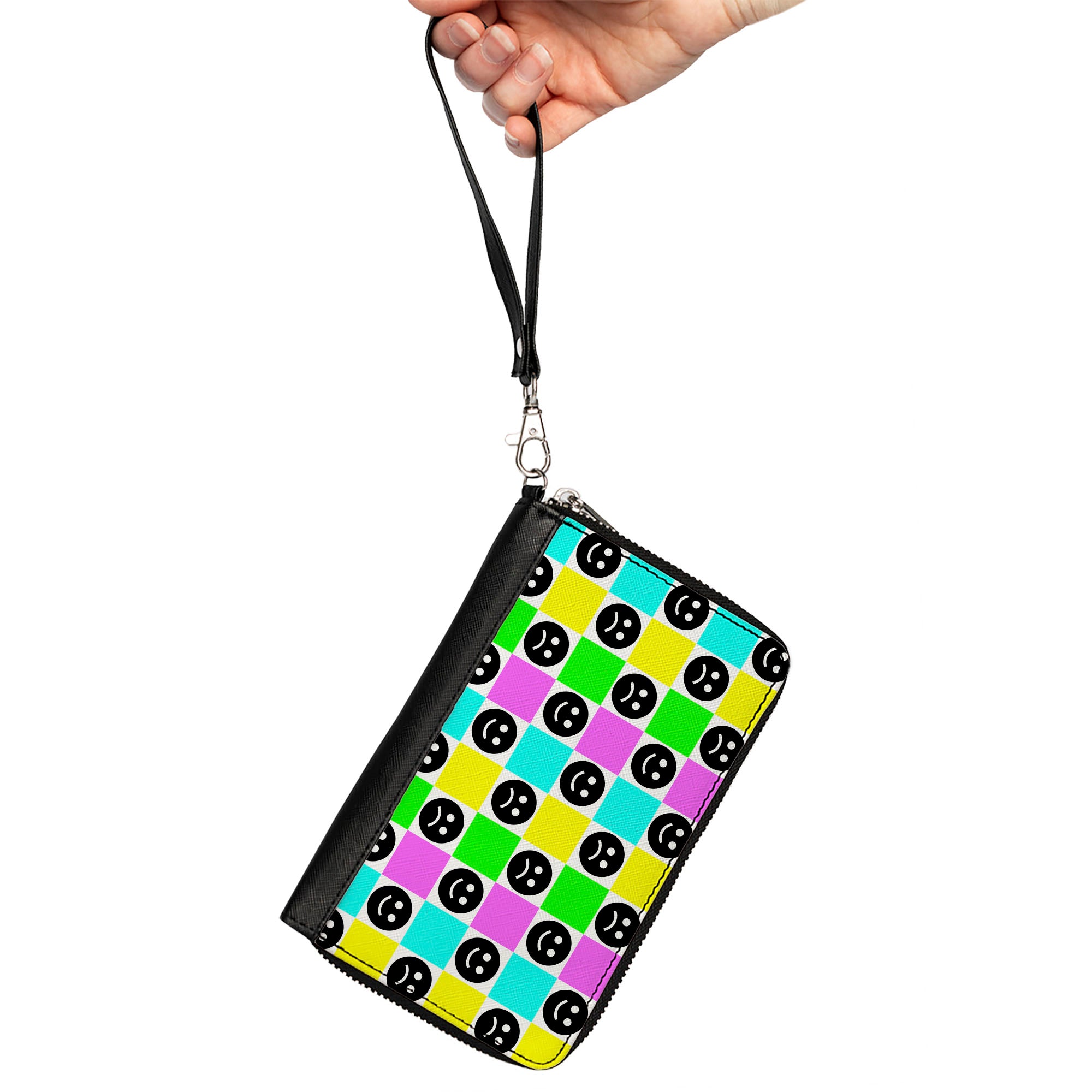 PU Zip Around Wallet Rectangle - Smiley Sad Face Checker Multi Color/White Clutch Zip Around Wallets Buckle-Down   