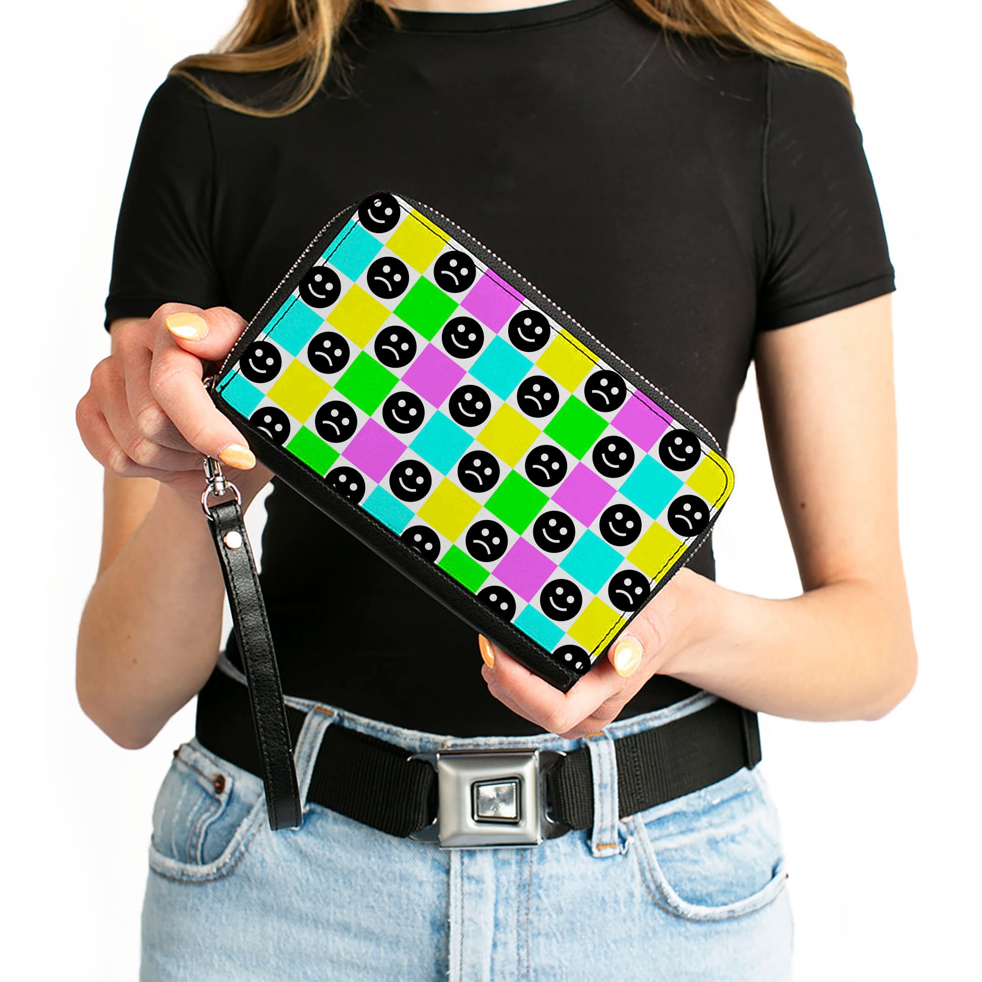 PU Zip Around Wallet Rectangle - Smiley Sad Face Checker Multi Color/White Clutch Zip Around Wallets Buckle-Down   