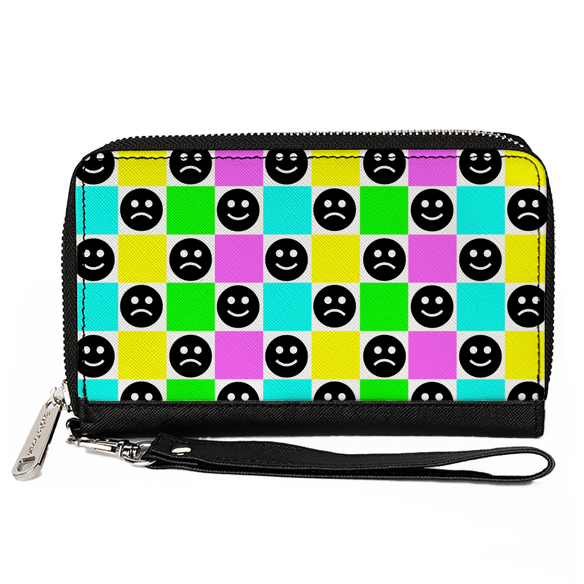 PU Zip Around Wallet Rectangle - Smiley Sad Face Checker Multi Color/White Clutch Zip Around Wallets Buckle-Down   