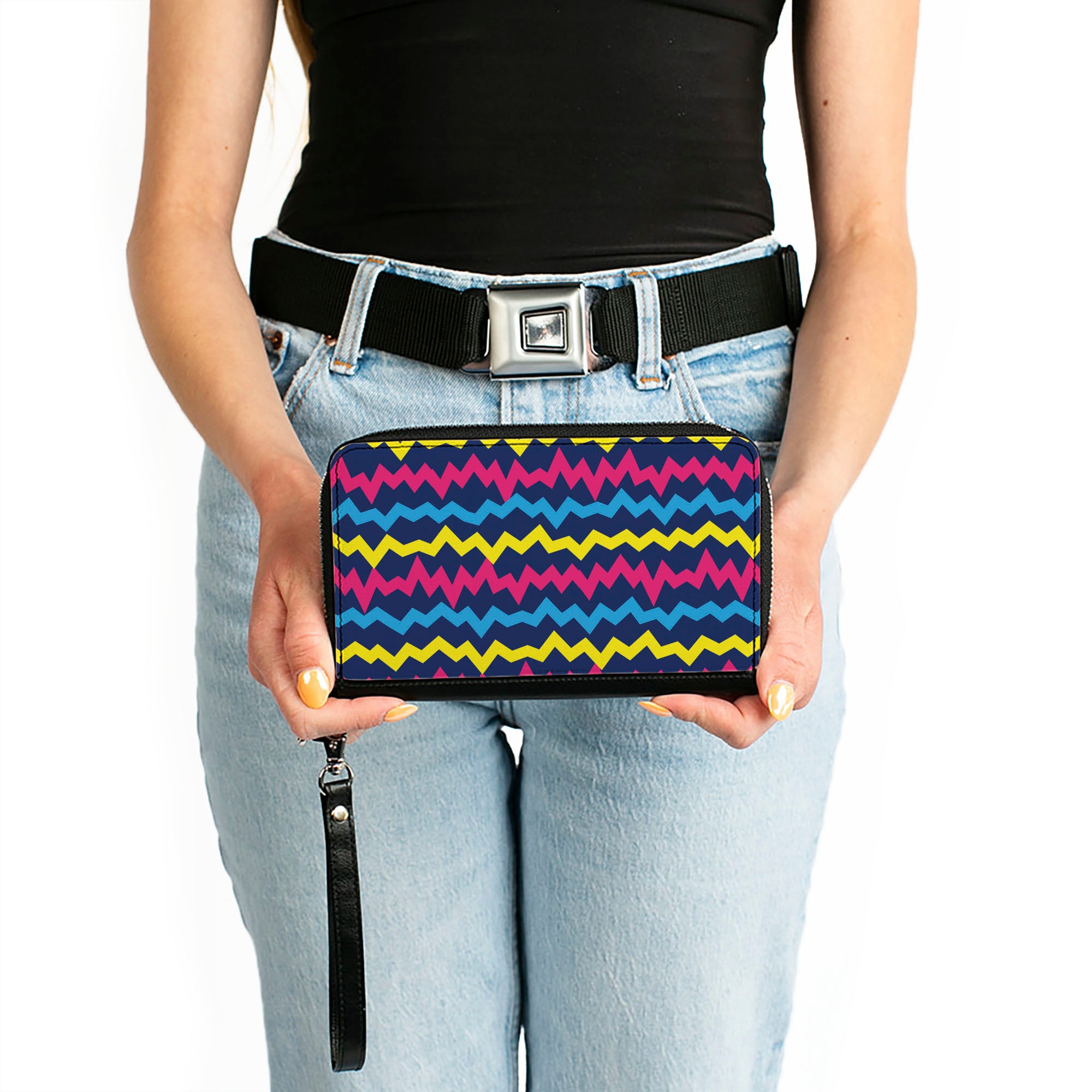 PU Zip Around Wallet Rectangle - Scribble Zig Zag Stripe Navy/Multi Color Clutch Zip Around Wallets Buckle-Down   