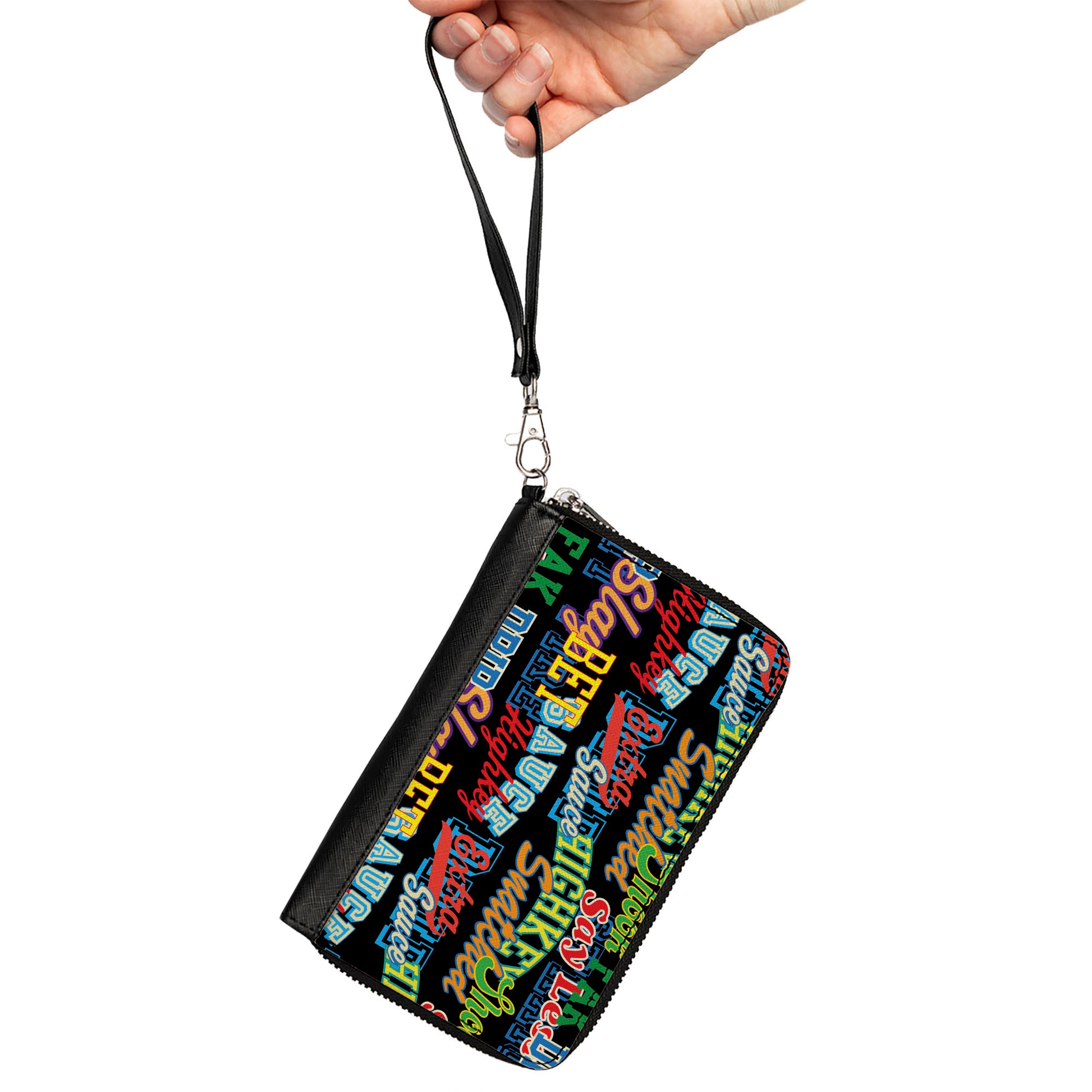 PU Zip Around Wallet Rectangle - Slang Verbiage Stacked Black/Multi Color Clutch Zip Around Wallets Buckle-Down   