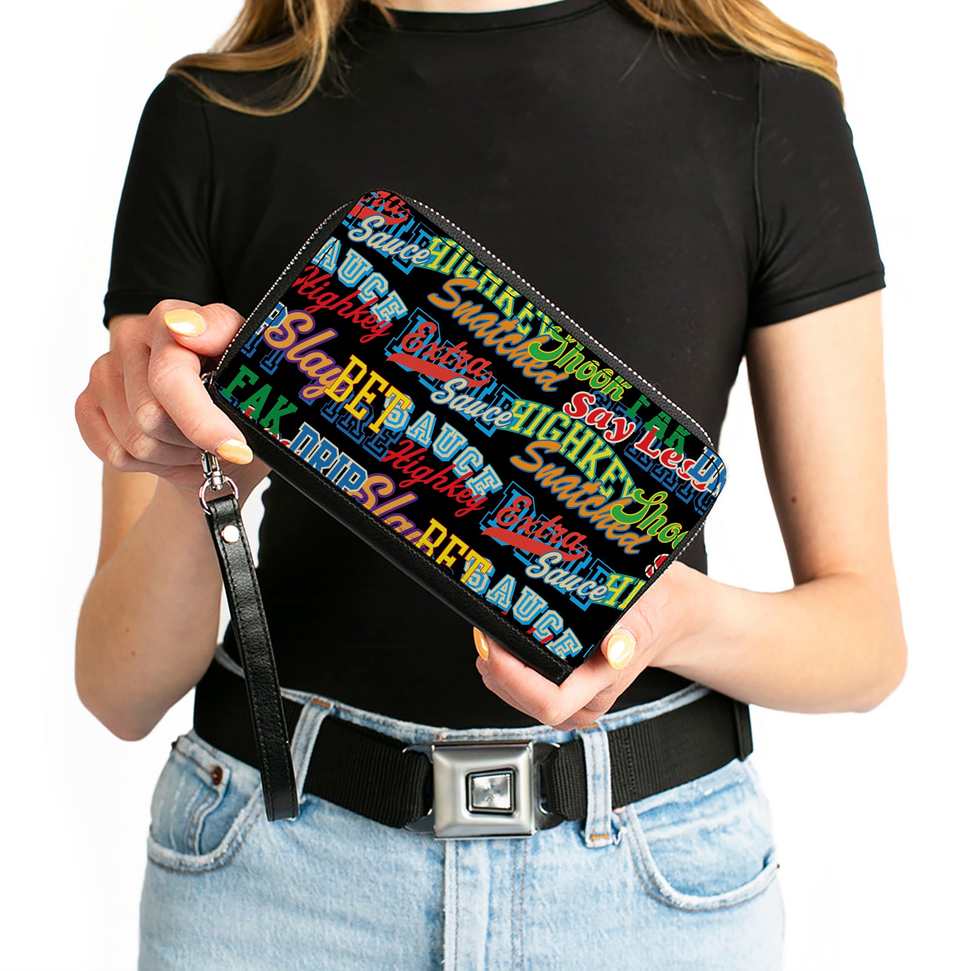 PU Zip Around Wallet Rectangle - Slang Verbiage Stacked Black/Multi Color Clutch Zip Around Wallets Buckle-Down   
