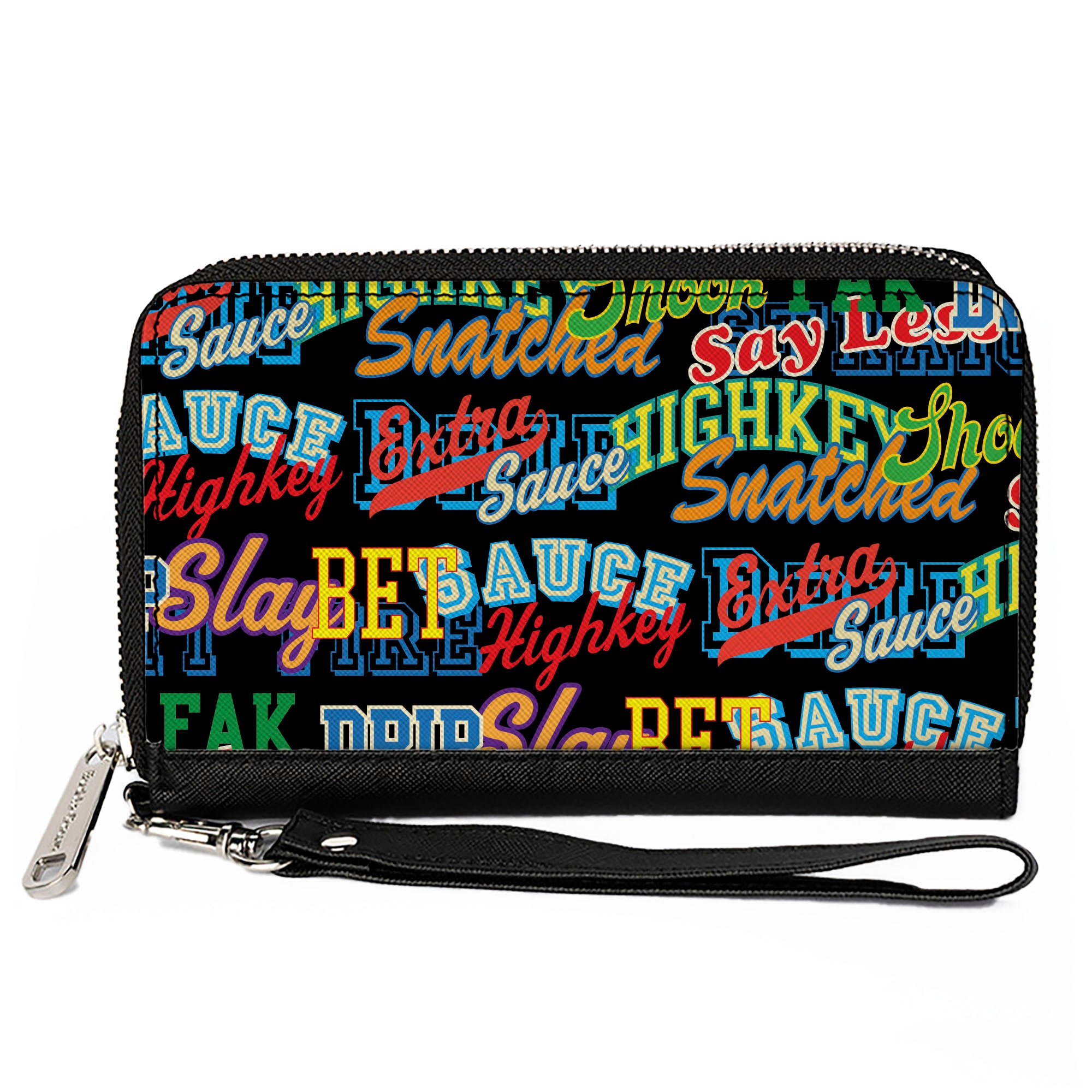 PU Zip Around Wallet Rectangle - Slang Verbiage Stacked Black/Multi Color Clutch Zip Around Wallets Buckle-Down   