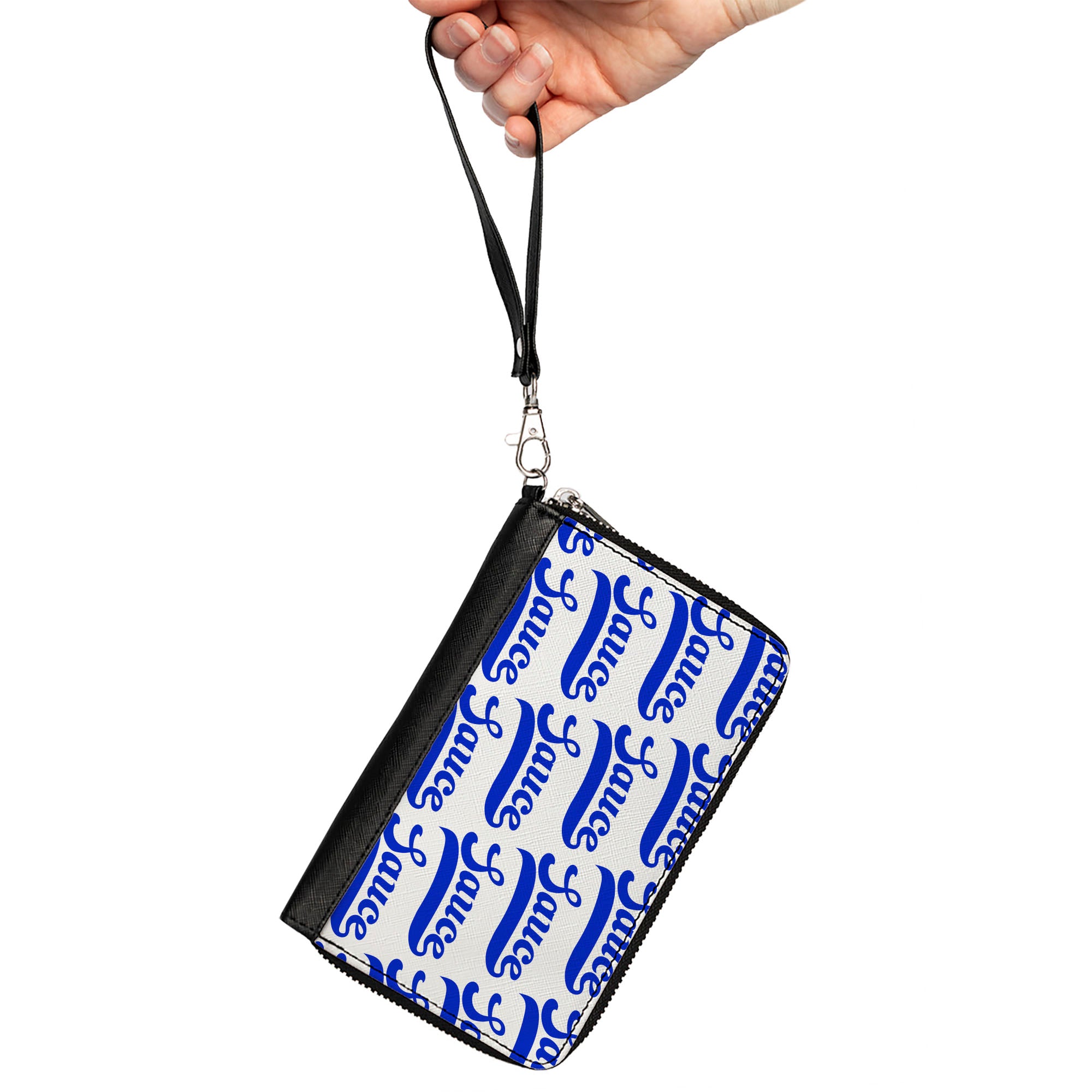 PU Zip Around Wallet Rectangle - SAUCE Baseball Script White/Blue Clutch Zip Around Wallets Buckle-Down   