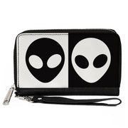 Women's PU Zip Around Wallet Rectangle - Alien Head Blocks Black White Clutch Zip Around Wallets Buckle-Down   