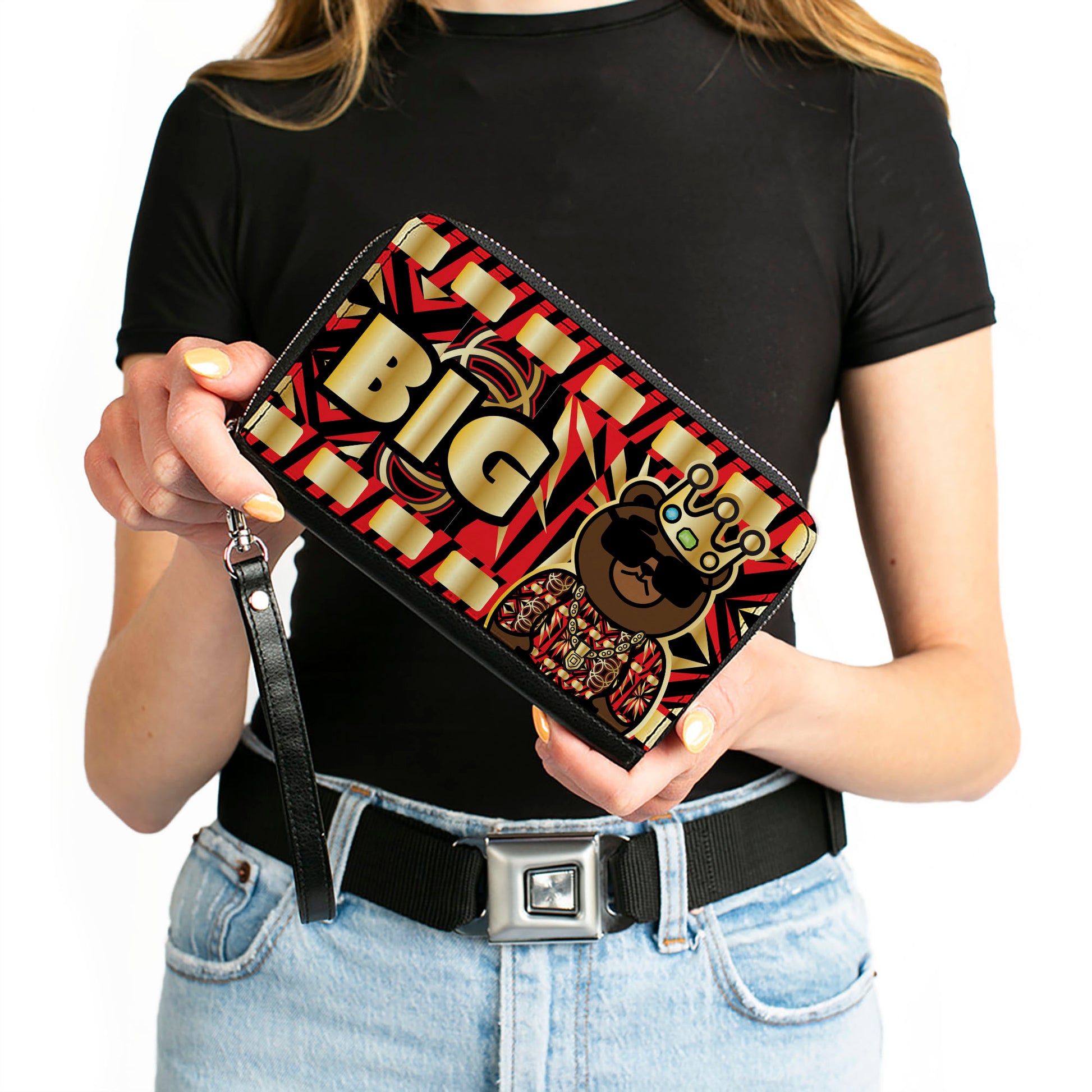 PU Zip Around Wallet Rectangle - Blinged Out BIG Bear Face CLOSE-UP Multi Color Clutch Zip Around Wallets Buckle-Down   