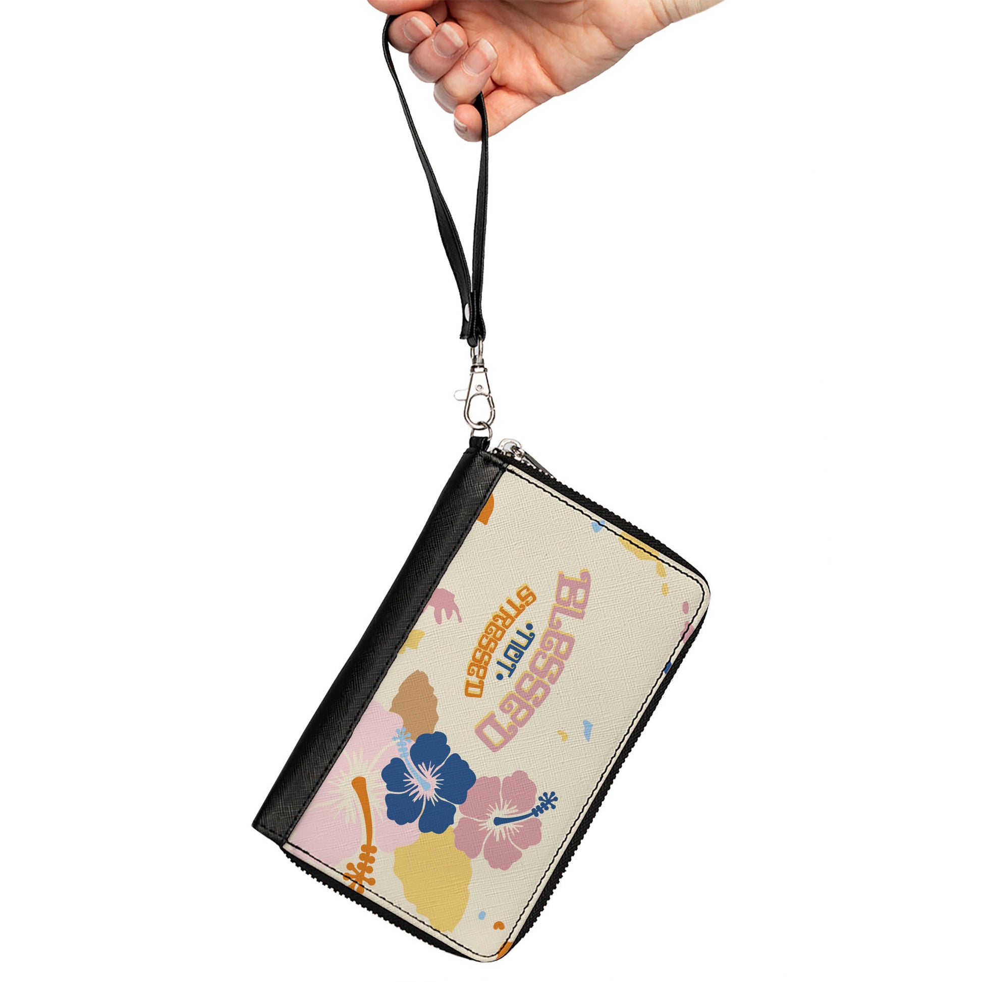 PU Zip Around Wallet Rectangle - BLESSED NOT STRESSED Quote Tropical Flowers Beige Multi Color Clutch Zip Around Wallets Buckle-Down   