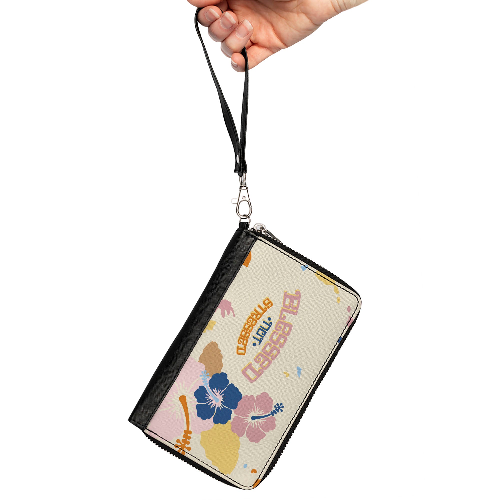 PU Zip Around Wallet Rectangle - BLESSED NOT STRESSED Quote Tropical Flowers Beige Multi Color Clutch Zip Around Wallets Buckle-Down   