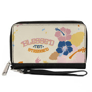 PU Zip Around Wallet Rectangle - BLESSED NOT STRESSED Quote Tropical Flowers Beige Multi Color Clutch Zip Around Wallets Buckle-Down   
