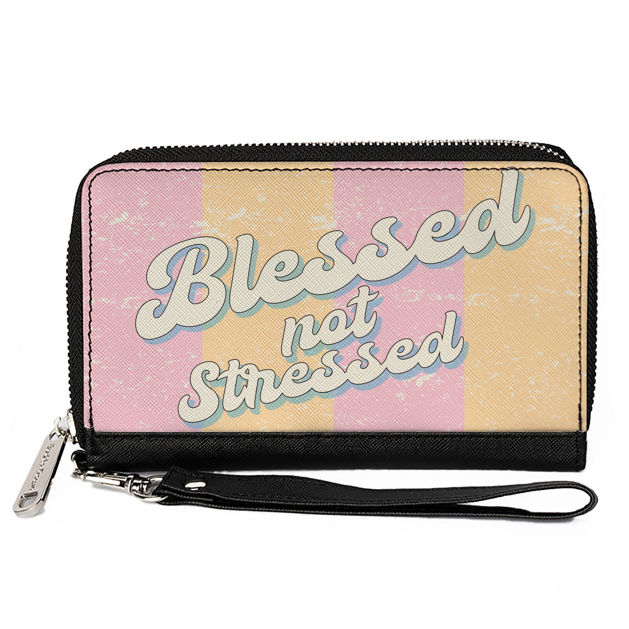 PU Zip Around Wallet Rectangle - BLESSED NOT STRESSED Quote Stripe Orange Pink White Clutch Zip Around Wallets Buckle-Down   