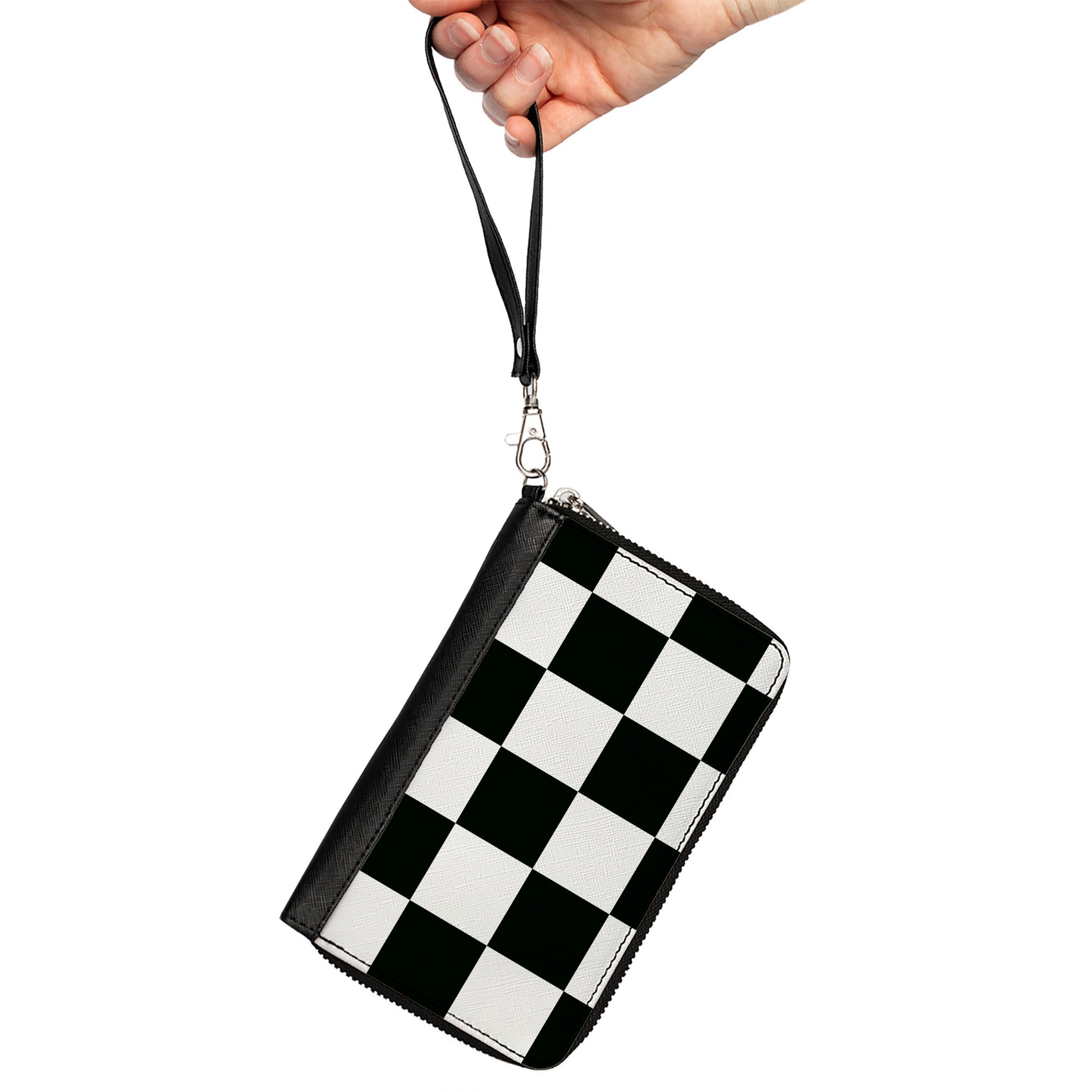 Women's PU Zip Around Wallet Rectangle - Checker CLOSE-UP Black White Clutch Zip Around Wallets Buckle-Down   