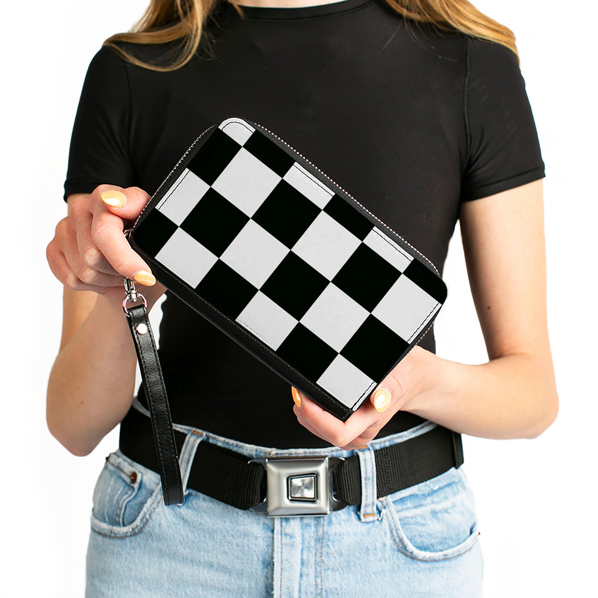 Women's PU Zip Around Wallet Rectangle - Checker CLOSE-UP Black White Clutch Zip Around Wallets Buckle-Down   