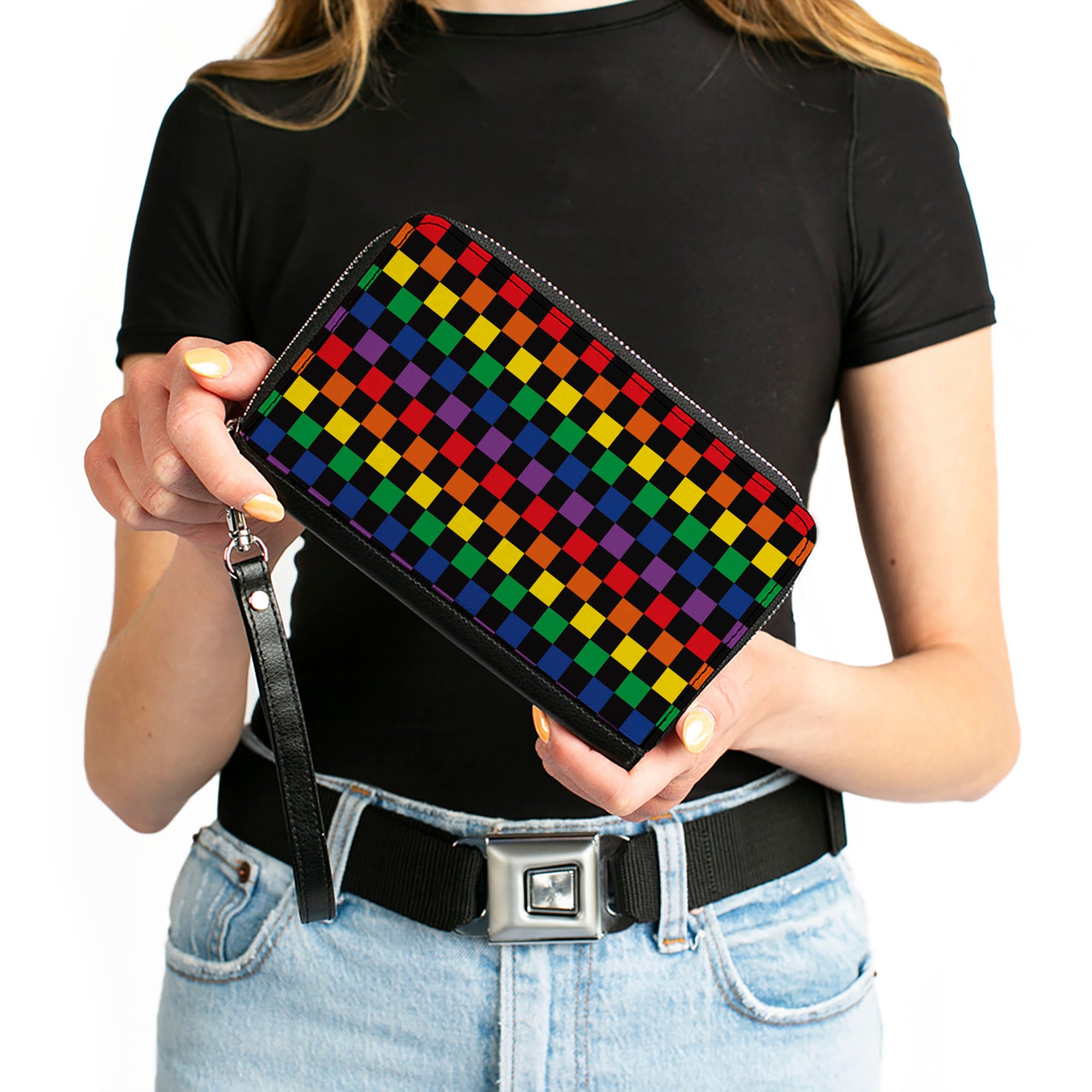 Women's PU Zip Around Wallet Rectangle - Checker Black Rainbow Multi Color Clutch Zip Around Wallets Buckle-Down   