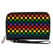 Women's PU Zip Around Wallet Rectangle - Checker Black Rainbow Multi Color Clutch Zip Around Wallets Buckle-Down   