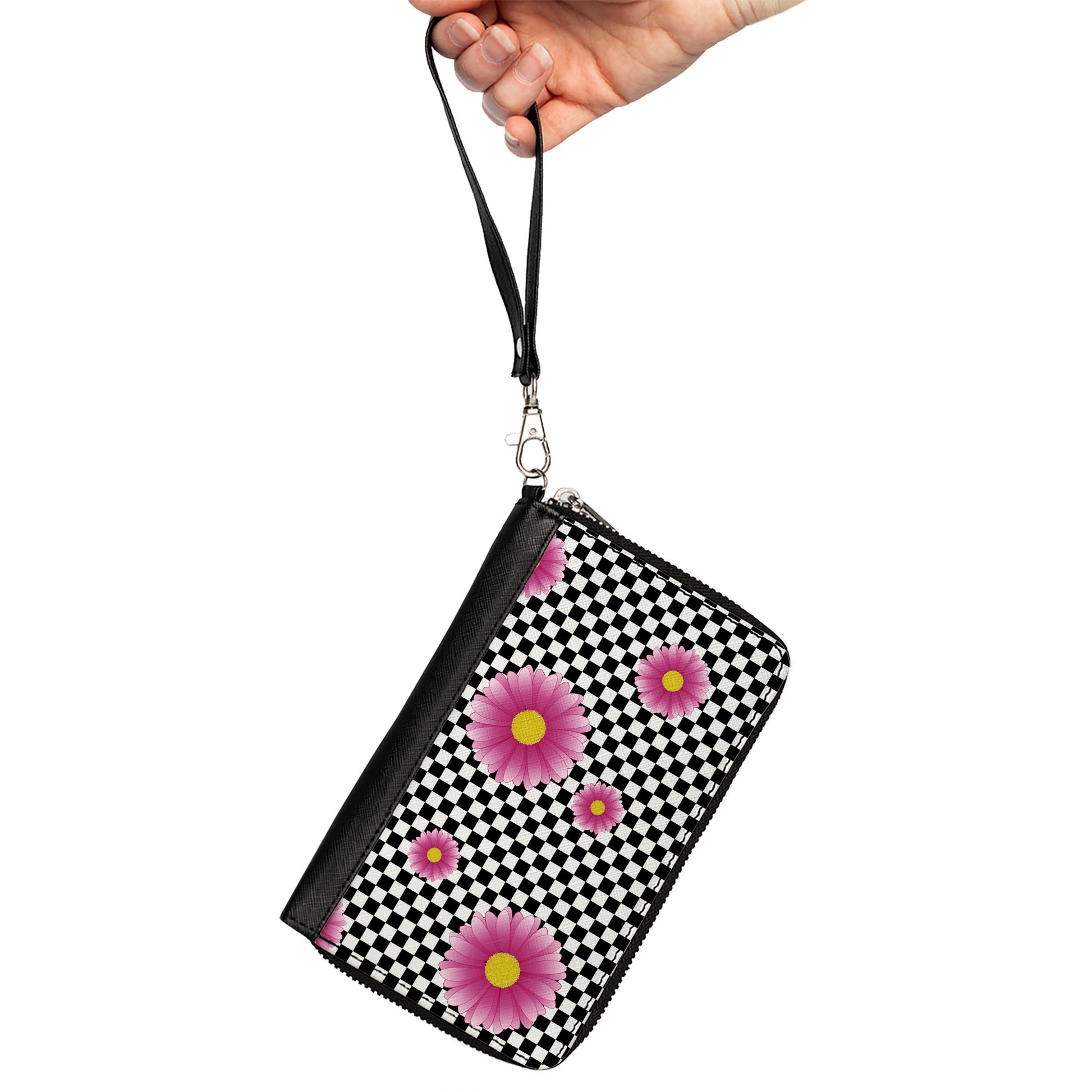 Women's PU Zip Around Wallet Rectangle - Checkers Pink Daisies Black White Clutch Zip Around Wallets Buckle-Down   