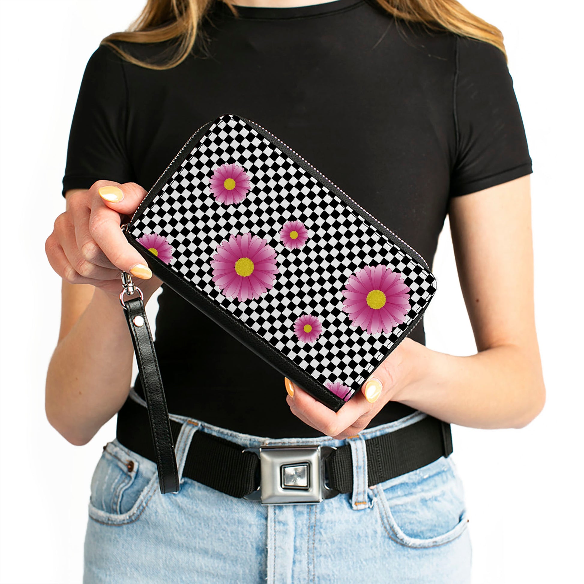 Women's PU Zip Around Wallet Rectangle - Checkers Pink Daisies Black White Clutch Zip Around Wallets Buckle-Down   