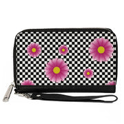Women's PU Zip Around Wallet Rectangle - Checkers Pink Daisies Black White Clutch Zip Around Wallets Buckle-Down   