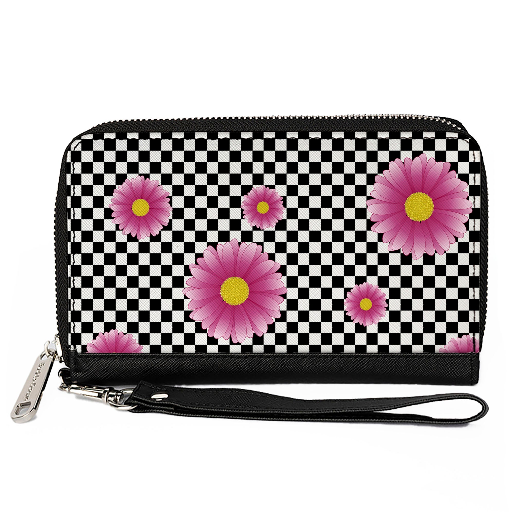 Women's PU Zip Around Wallet Rectangle - Checkers Pink Daisies Black White Clutch Zip Around Wallets Buckle-Down   