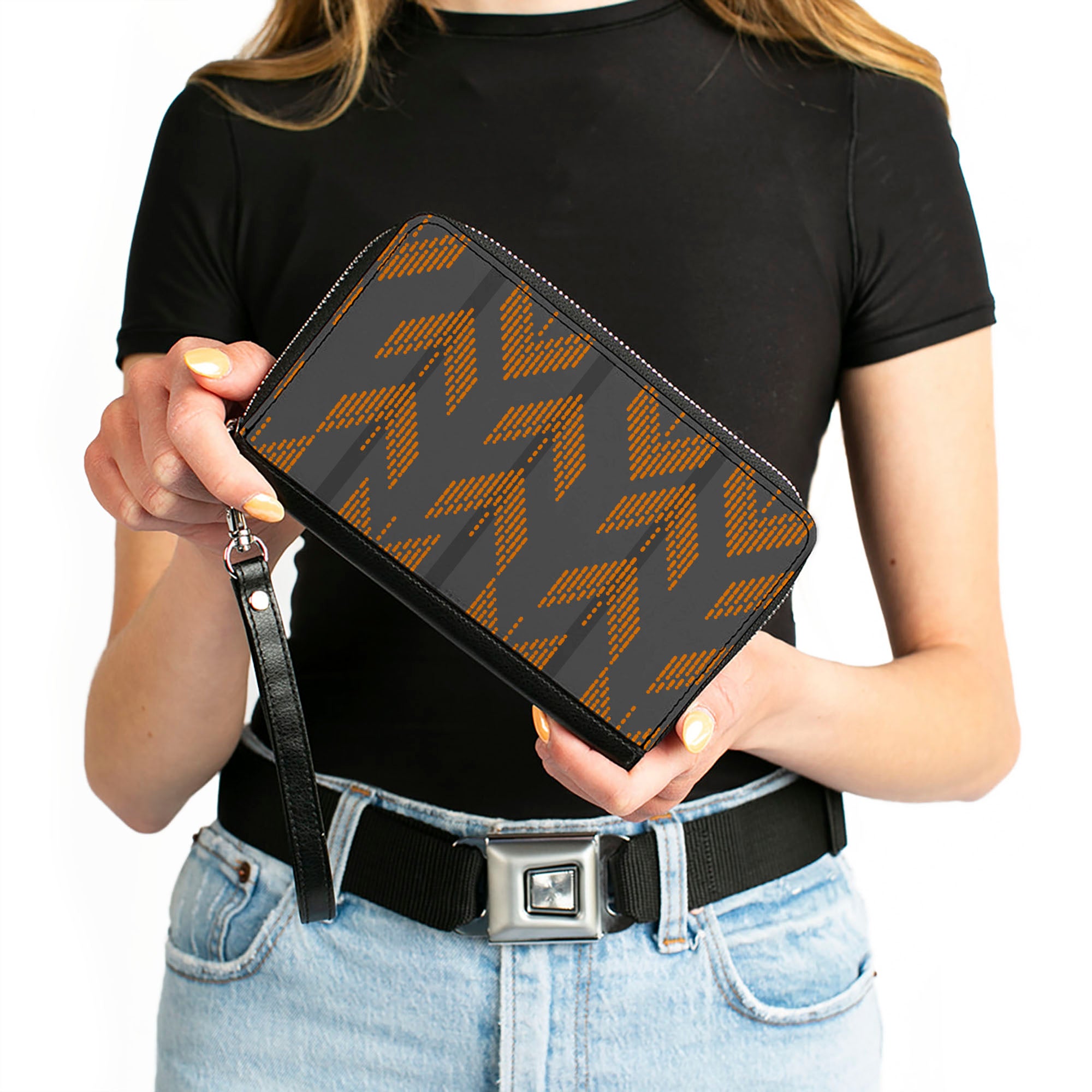 Women's PU Zip Around Wallet Rectangle - Chevron Stripe Grays Orange Clutch Zip Around Wallets Buckle-Down   