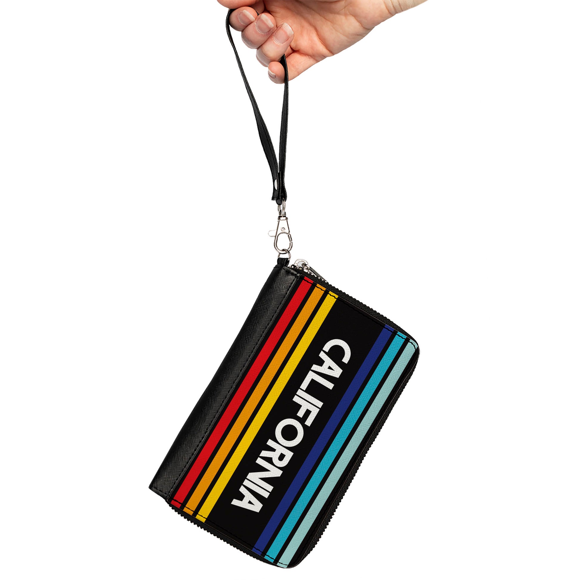 Women's PU Zip Around Wallet Rectangle - CALIFORNIA Stripes Black White Multi Color Clutch Zip Around Wallets Buckle-Down   
