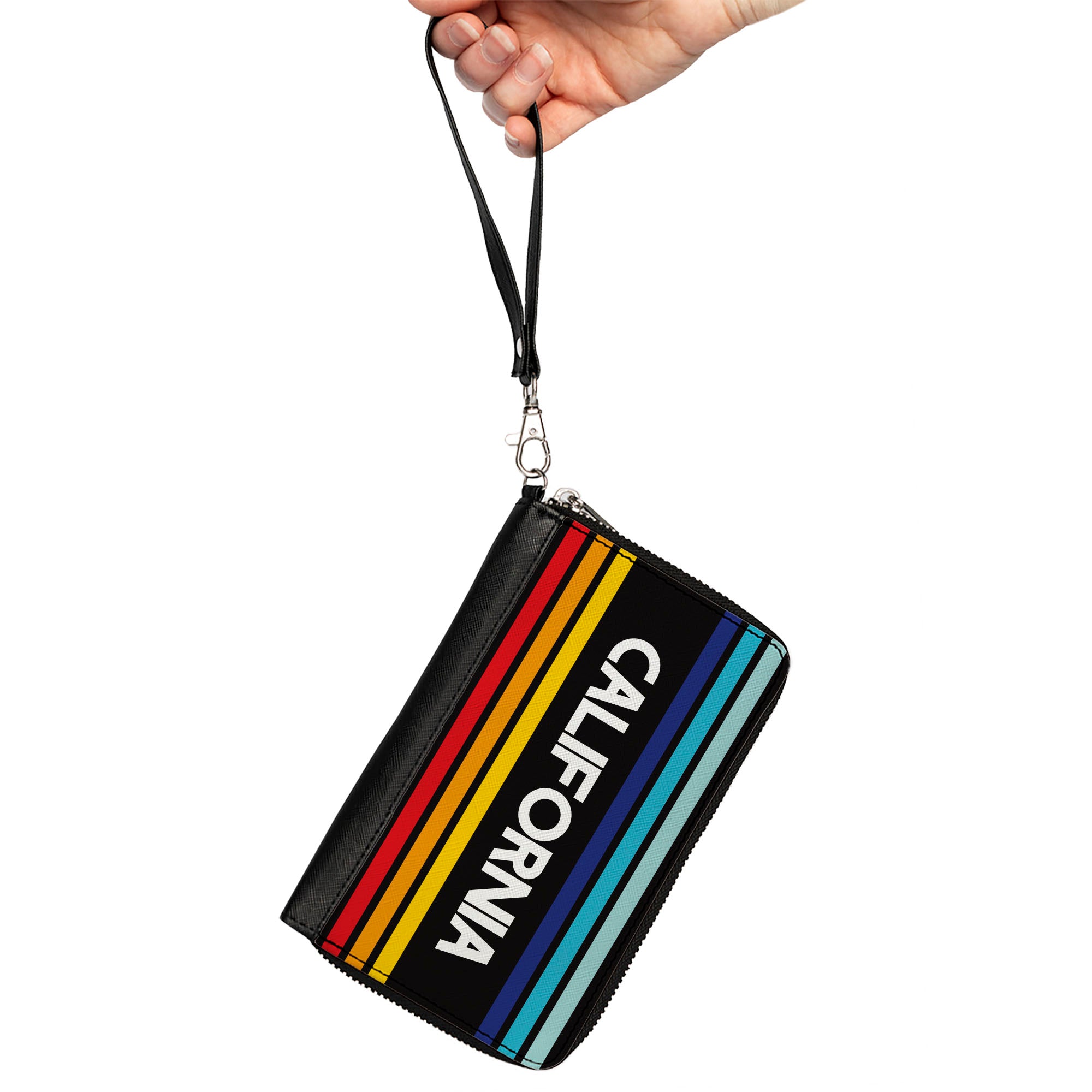 Women's PU Zip Around Wallet Rectangle - CALIFORNIA Stripes Black White Multi Color Clutch Zip Around Wallets Buckle-Down   
