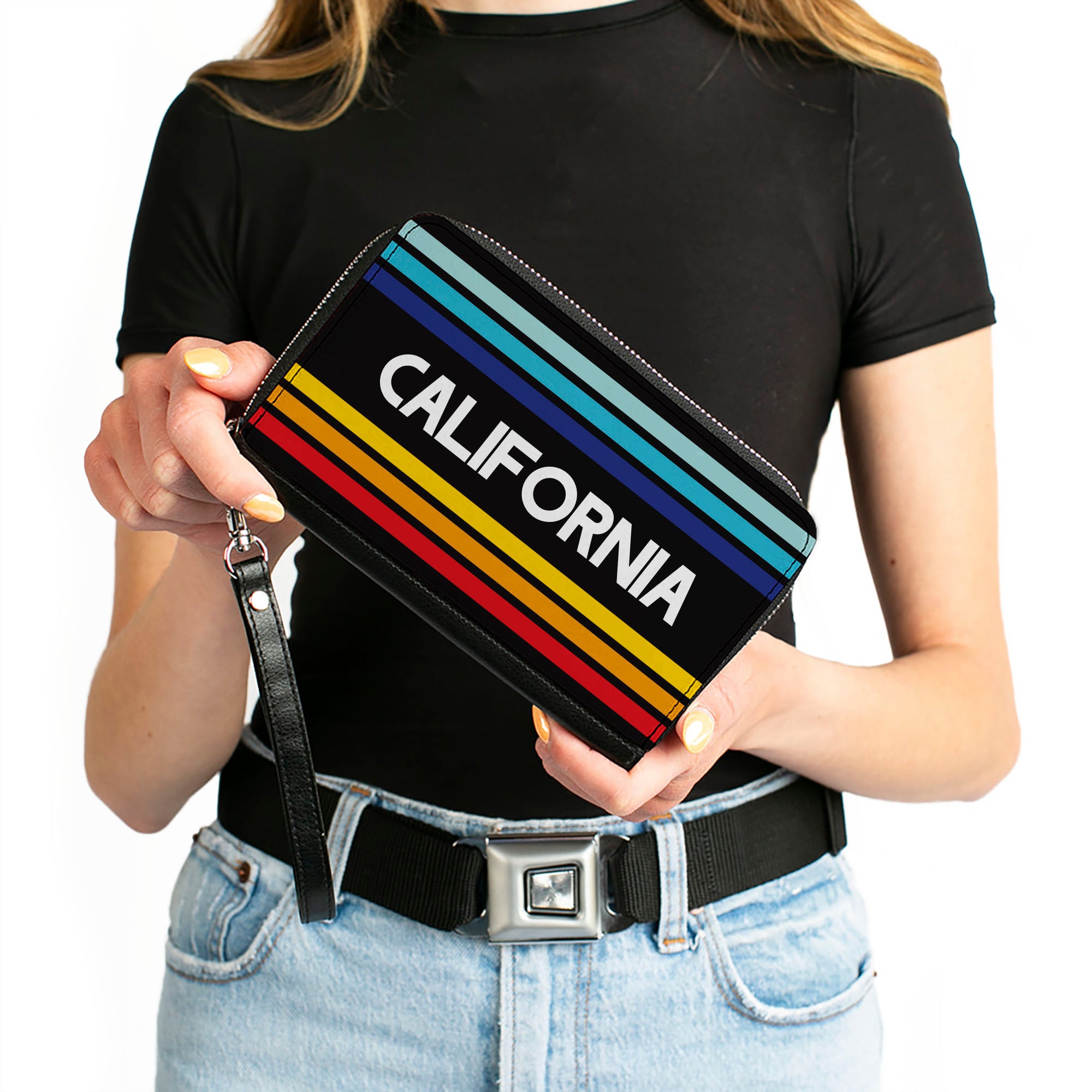 Women's PU Zip Around Wallet Rectangle - CALIFORNIA Stripes Black White Multi Color Clutch Zip Around Wallets Buckle-Down   