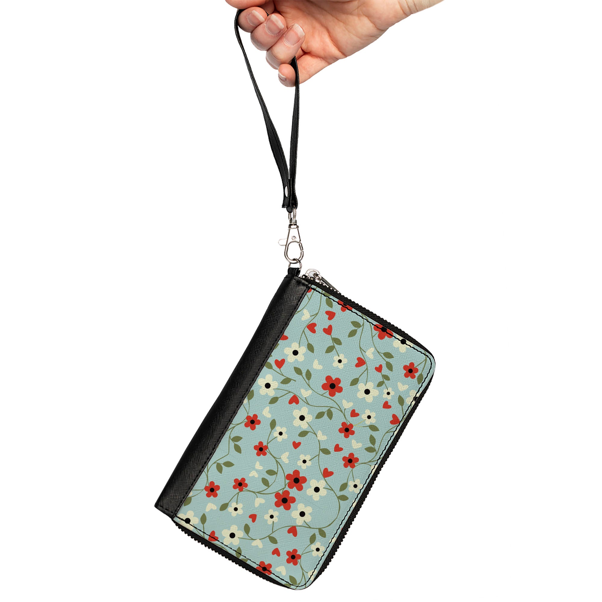 Women's PU Zip Around Wallet Rectangle - Ditsy Floral Chain Baby Blue Red White Green Clutch Zip Around Wallets Buckle-Down   