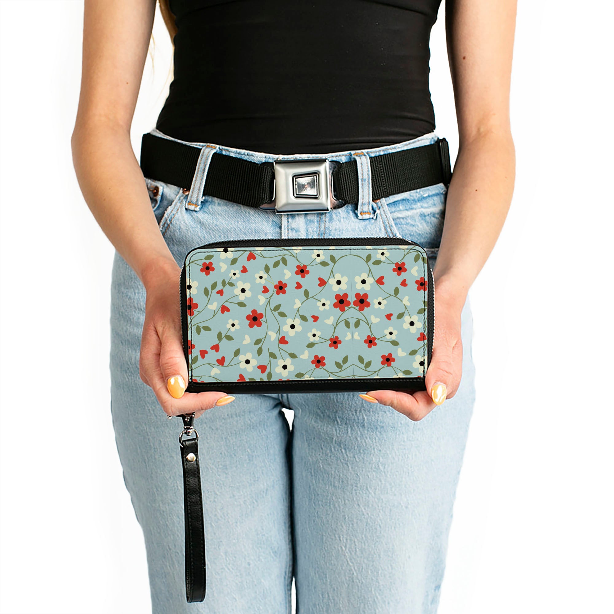Women's PU Zip Around Wallet Rectangle - Ditsy Floral Chain Baby Blue Red White Green Clutch Zip Around Wallets Buckle-Down   