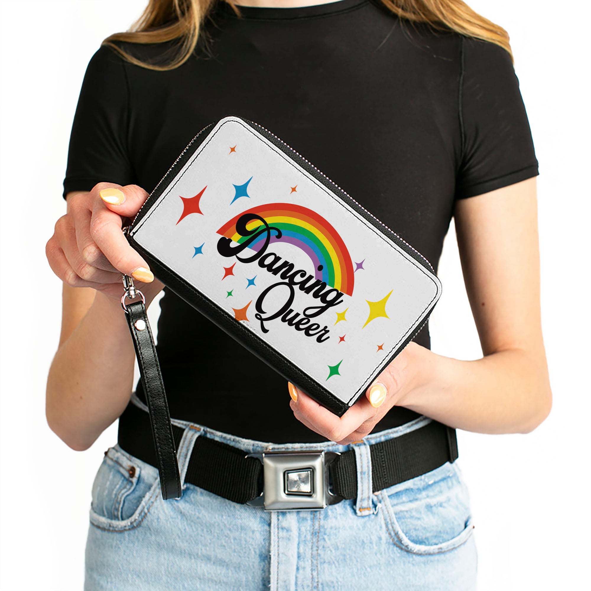 Women's PU Zip Around Wallet Rectangle - DANCING QUEER Rainbow White Black Multi Color Clutch Zip Around Wallets Buckle-Down   