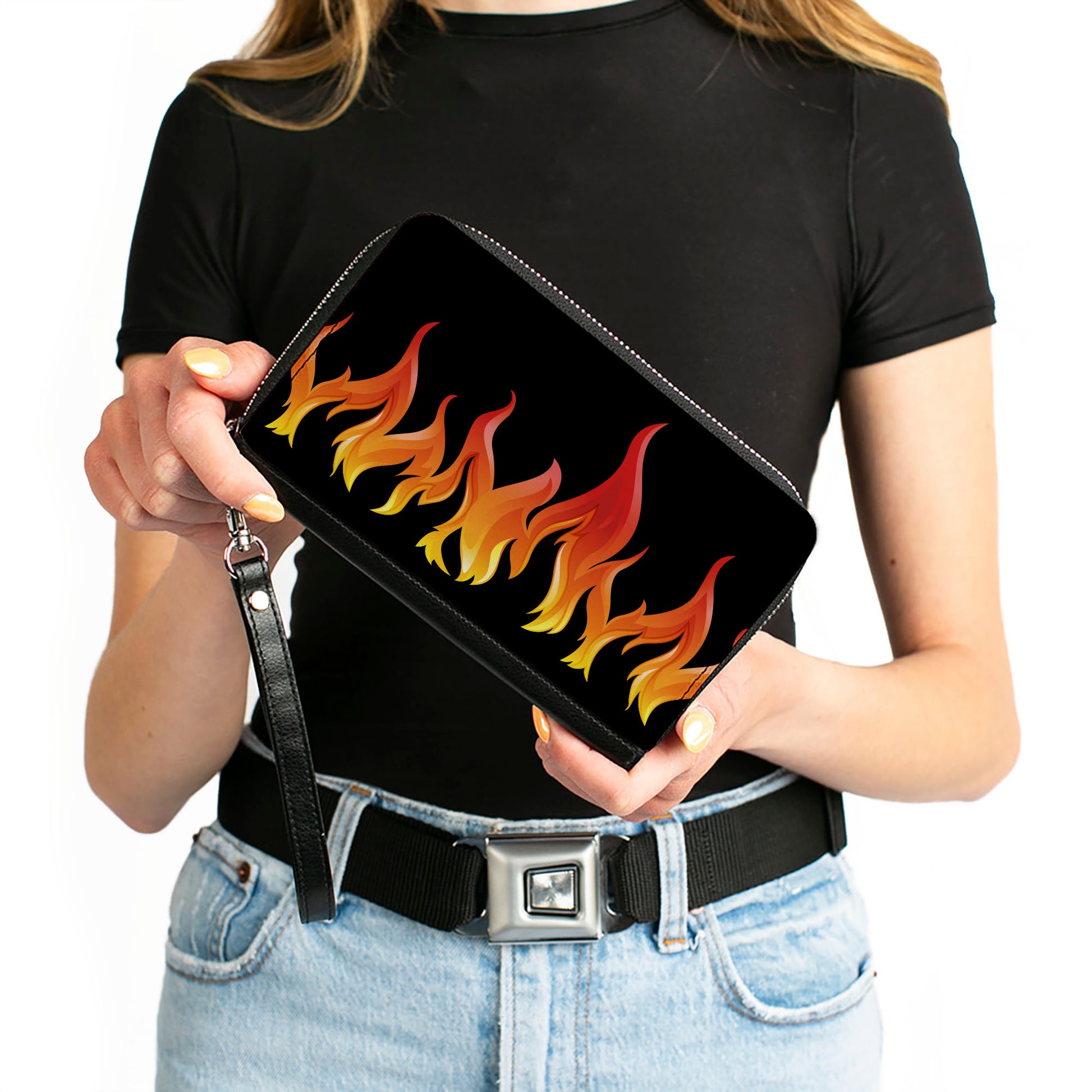 PU Zip Around Wallet Rectangle - Flames Black/Reds/Orange/Yellows Clutch Zip Around Wallets Buckle-Down   