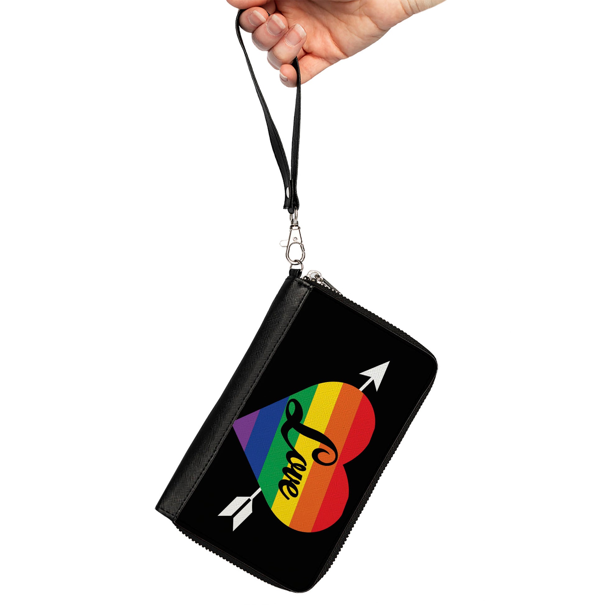 Women's PU Zip Around Wallet Rectangle - LOVE Rainbow Stripe Heart Black Multi Color Clutch Zip Around Wallets Buckle-Down   