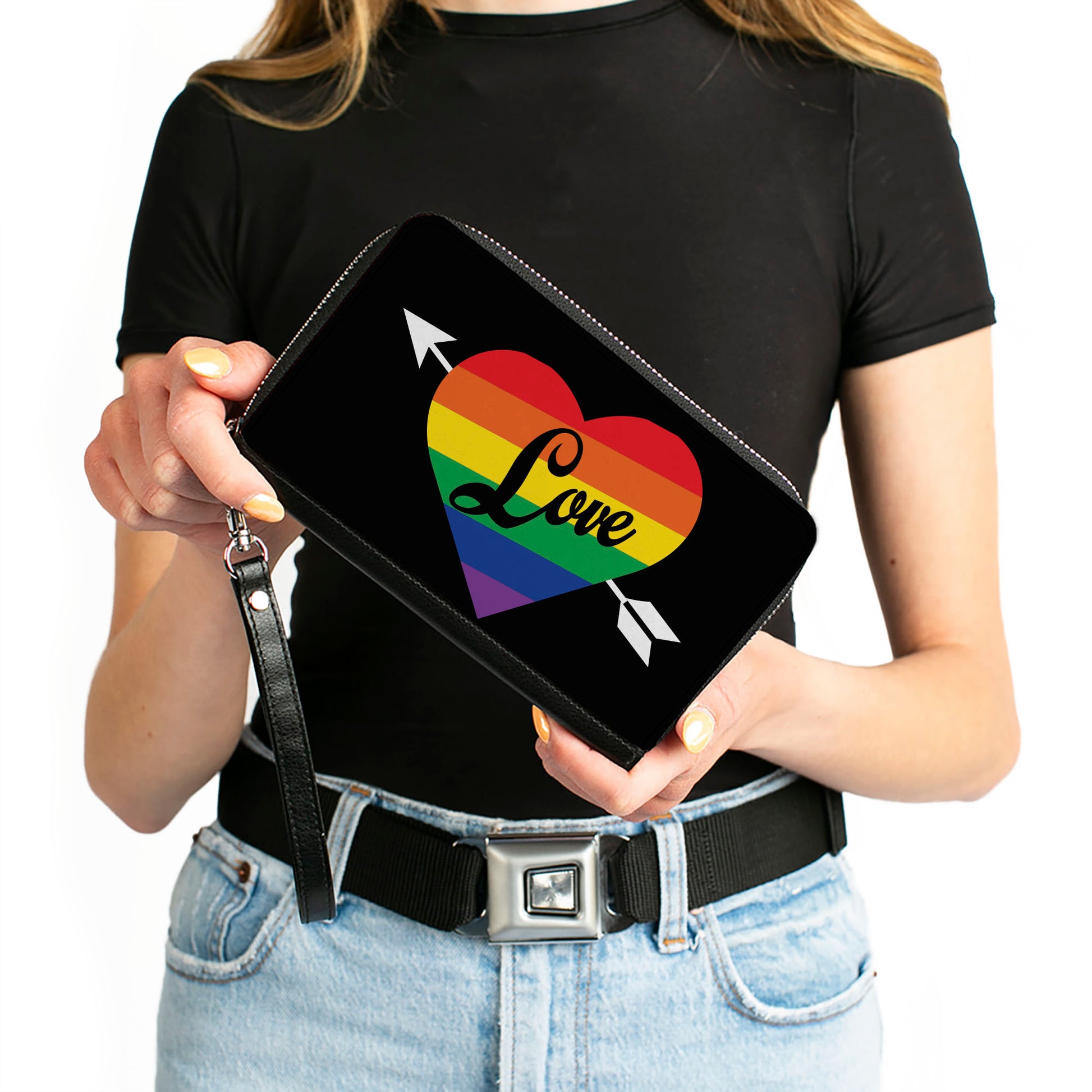 Women's PU Zip Around Wallet Rectangle - LOVE Rainbow Stripe Heart Black Multi Color Clutch Zip Around Wallets Buckle-Down   