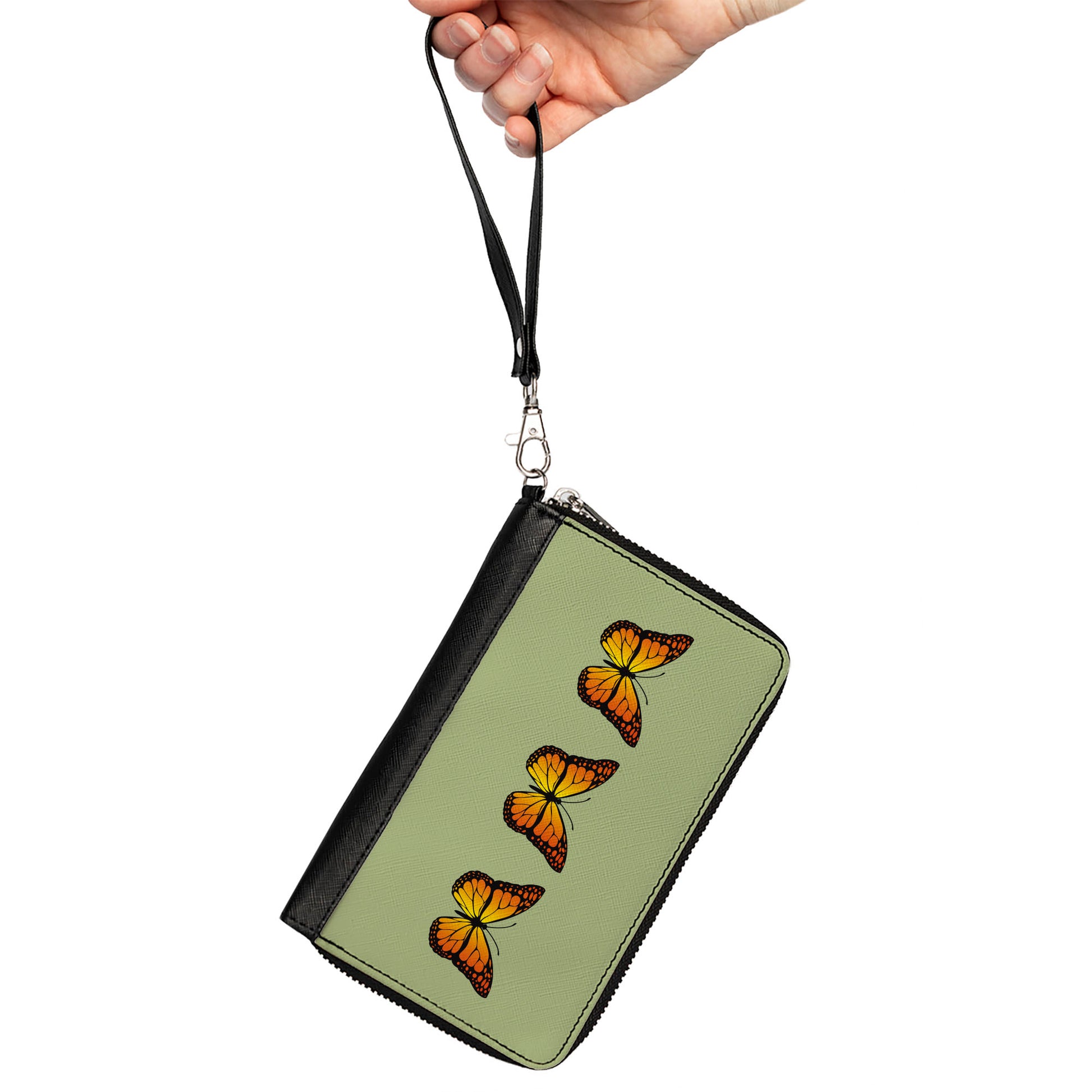 Women's PU Zip Around Wallet Rectangle - Monarch Butterfly Trio Olive Green Clutch Zip Around Wallets Buckle-Down   